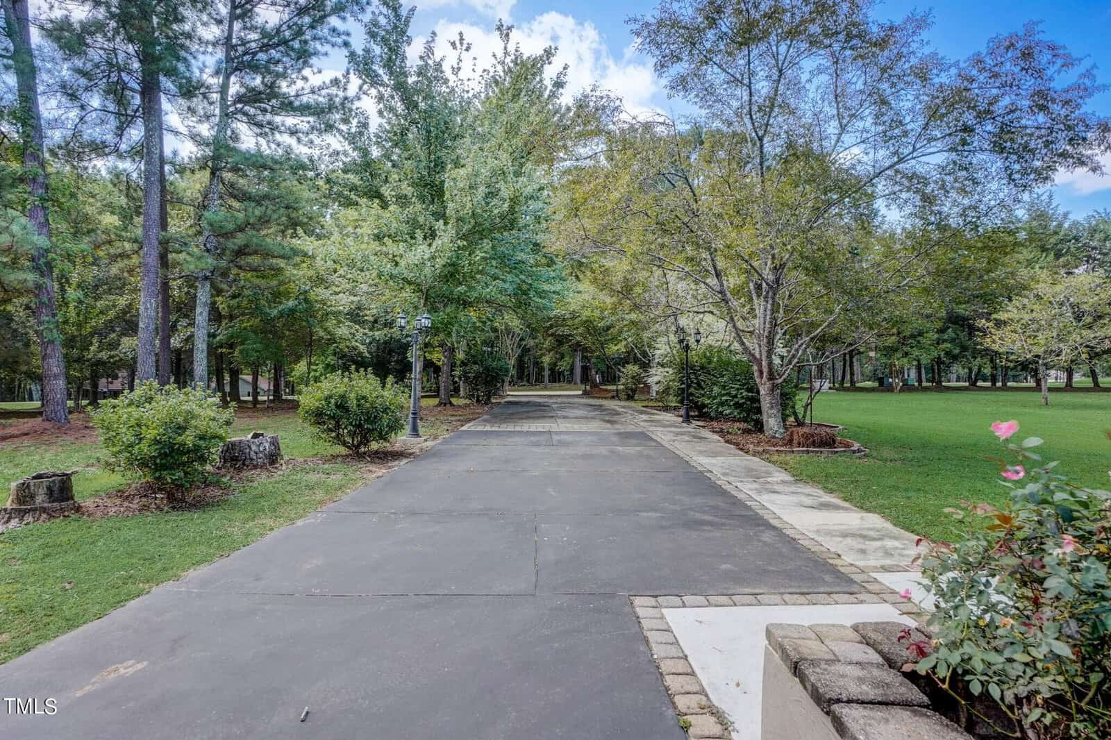 A paved walkway lined with trees leads through a park filled with green grass and shrubs. The sky is partly cloudy, and the scene conveys a peaceful and natural setting.