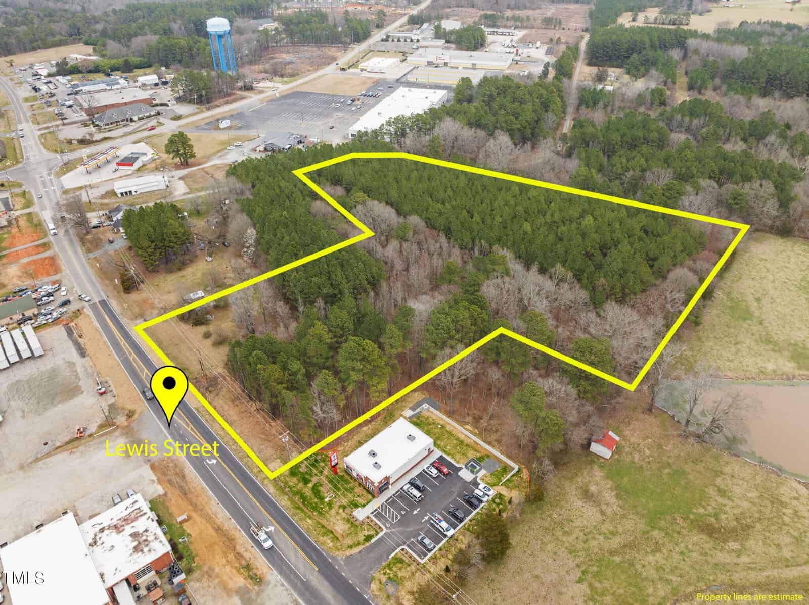 Aerial view of a wooded area outlined in yellow, adjacent to 729 Lewis Street in Oxford. Nearby are commercial buildings, roads, and a water tower. The surrounding landscape includes trees and open land.