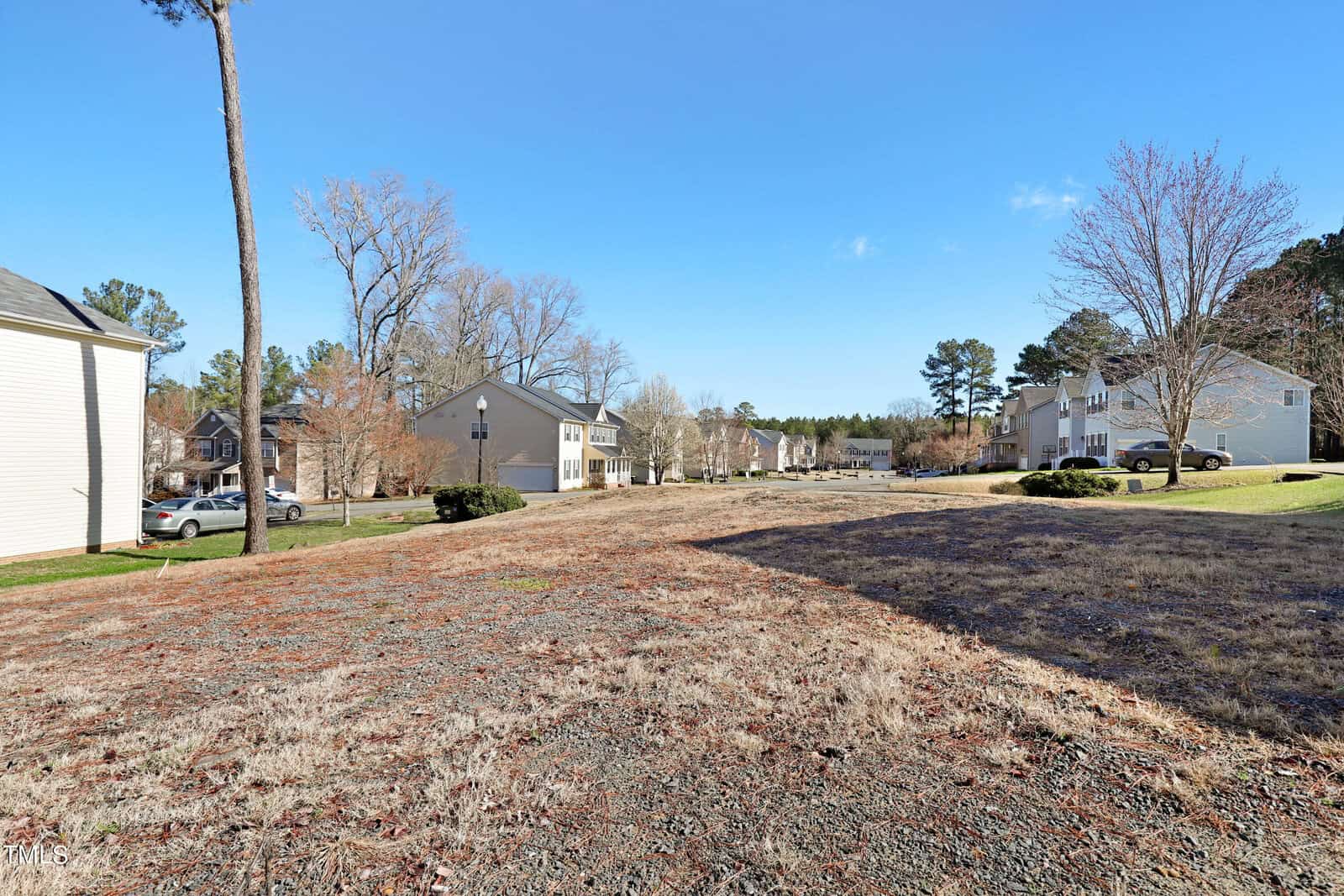 A suburban neighborhood with several houses lining a residential street. The foreground features a vacant lot with dry grass and a streetlamp. Trees without leaves are visible under a clear blue sky. Cars are parked along the street.