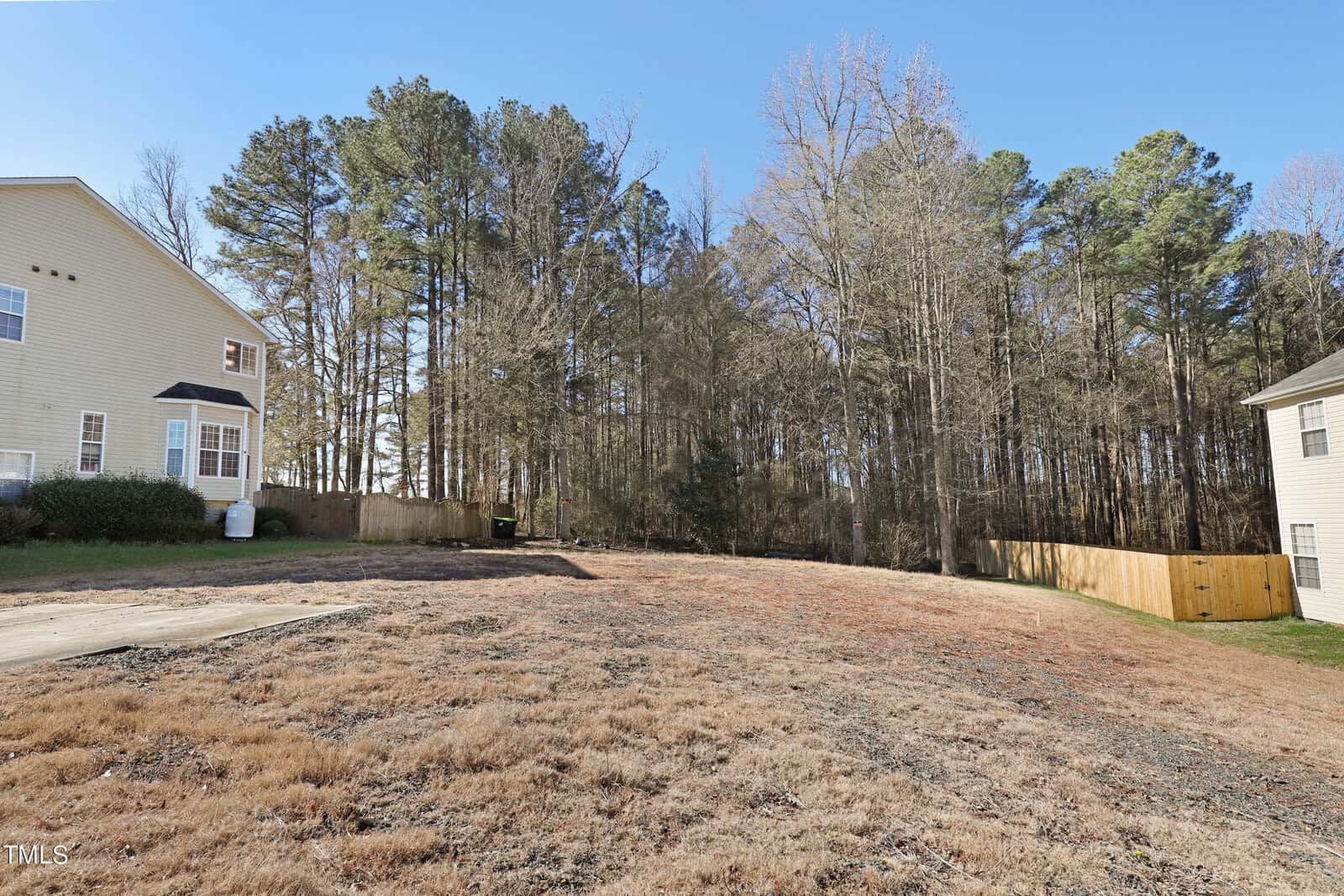 A residential backyard with dry grass, bordered by two houses on each side. A line of tall trees is visible in the background, and a wooden fence partially divides the yards. The sky is clear and sunny.