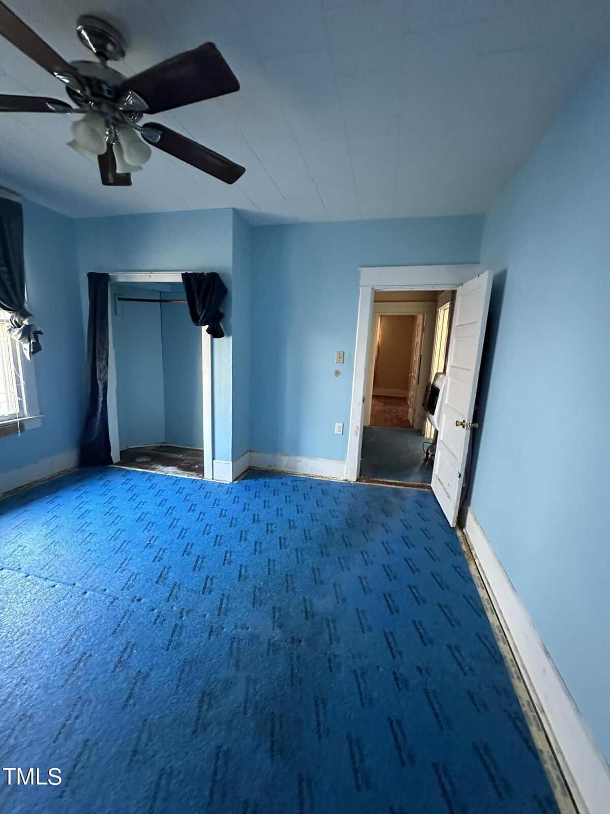 An empty room with blue walls and a blue carpet, featuring a ceiling fan and an open door leading to another room.