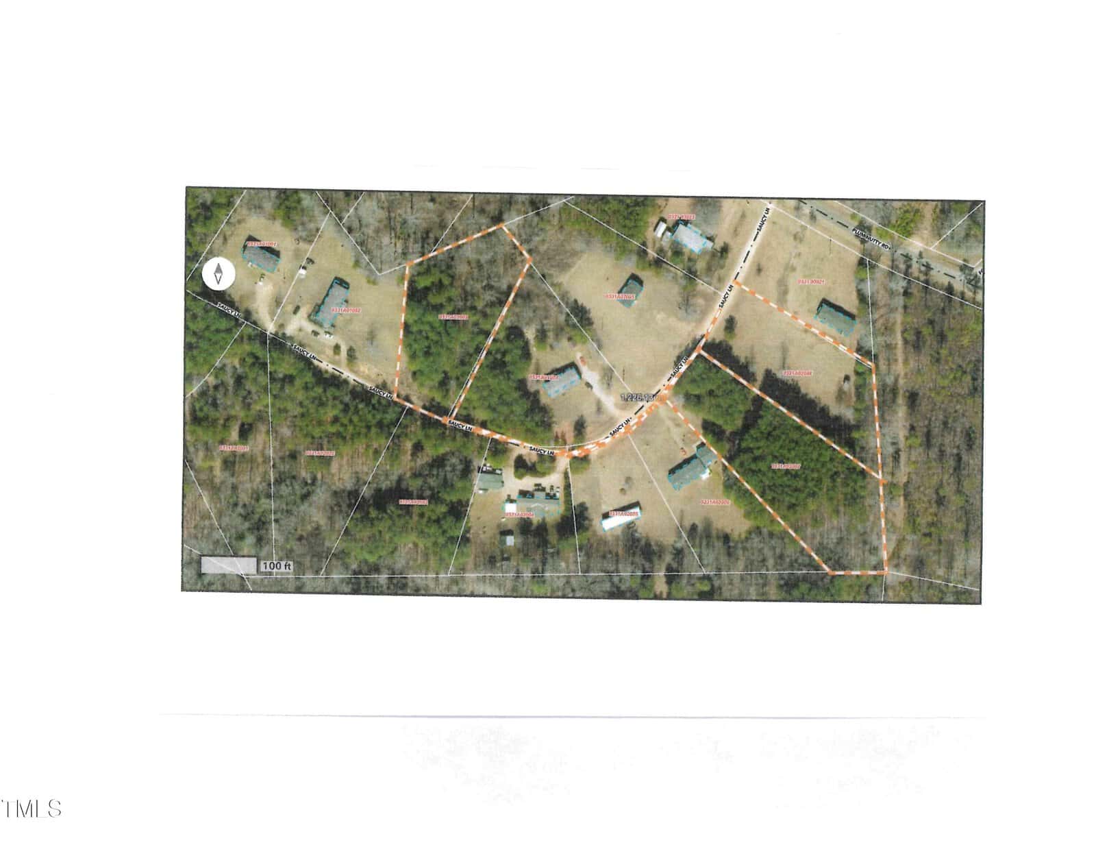 Aerial view of a residential area on 00 Saucy Lane, Henderson NC, with dotted lines marking a curved road and properties. Several houses, driveways, and trees are visible in a