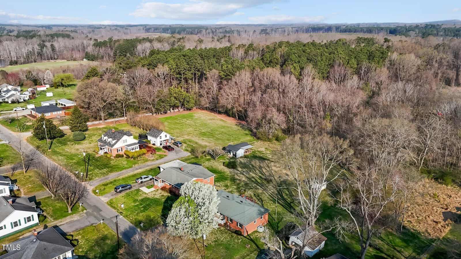 Aerial view of a suburban neighborhood adjacent to a dense forest. The image shows several houses with lawns and trees, a mix of deciduous and evergreen, stretching to a distant horizon. Roads connect the homes in a grid pattern.