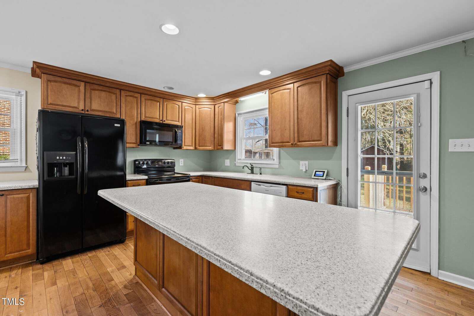 A modern kitchen with wooden cabinets and a large island countertop. There's a black refrigerator and oven on the left, a stainless steel dishwasher beneath a window, and a glass door leading outside to the right. The walls are painted green.