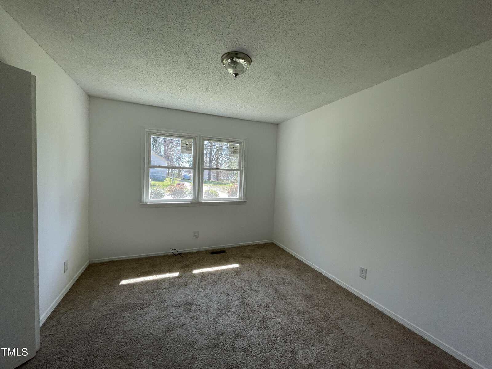An empty room with white walls, beige carpet, and a bright window showing greenery outside. the ceiling has a simple light fixture.