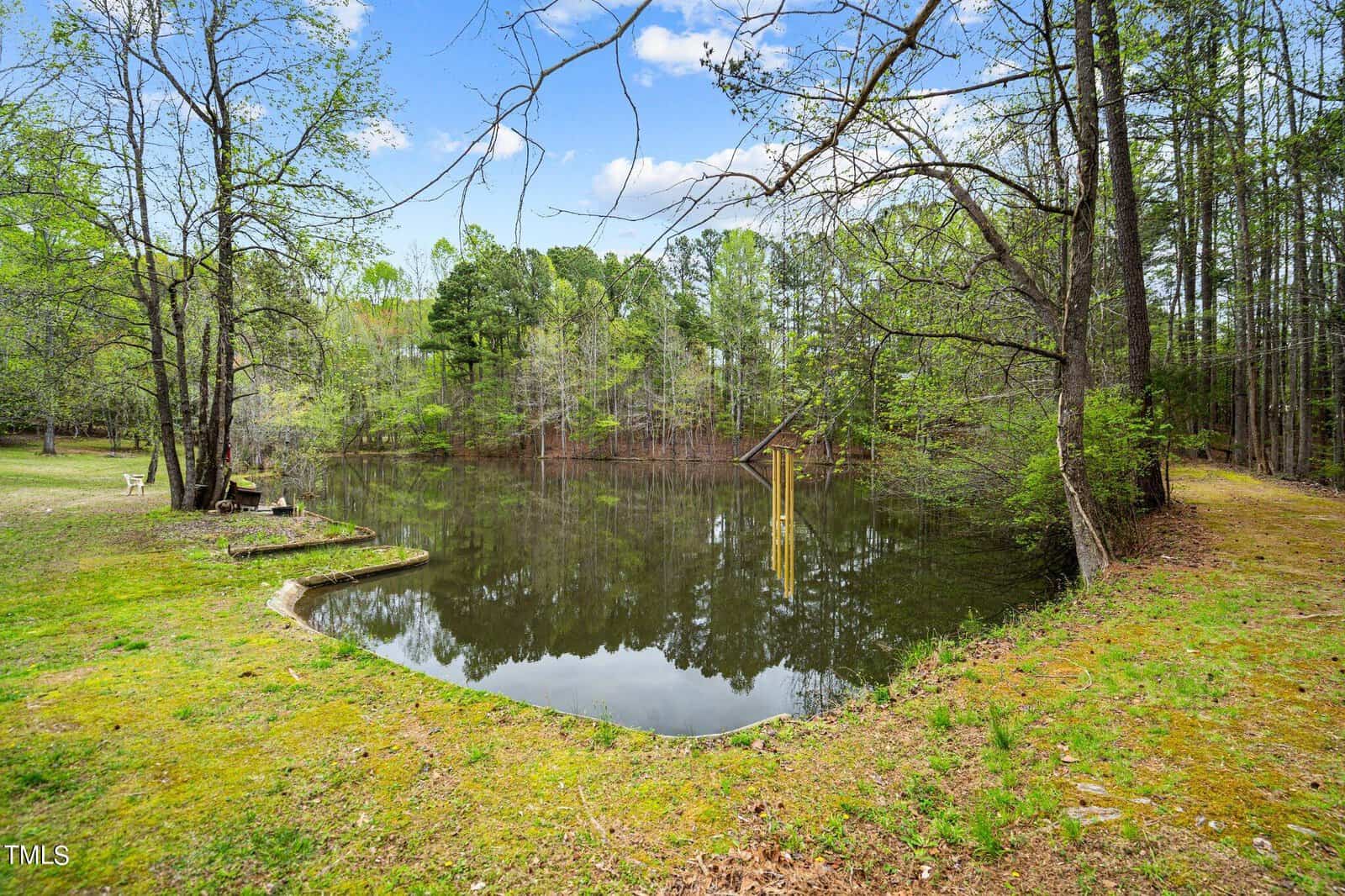 A serene lake surrounded by lush green trees, with a small wooden dock extending over the water. The grassy area in the foreground is bordered by a narrow dirt path, and the sky is bright with a few scattered clouds.
