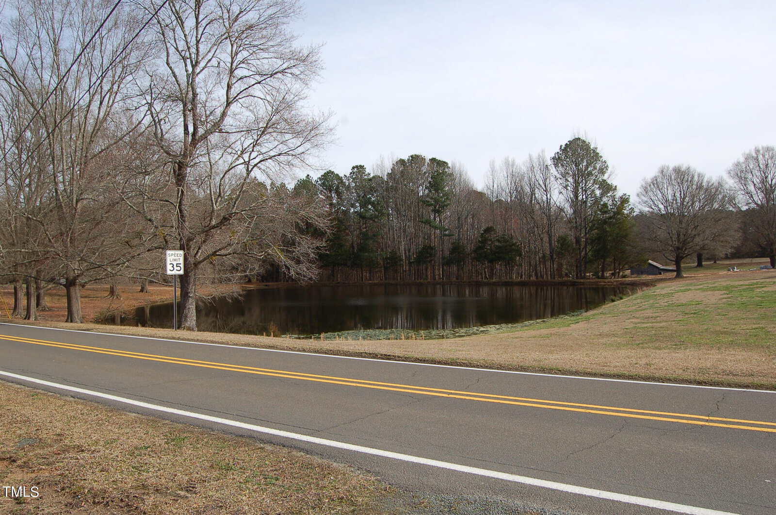 A rural road curves beside a small, tranquil pond bordered by bare trees. A speed limit sign reads 35 mph. The overcast sky creates a calm, muted atmosphere, and distant trees line the background.