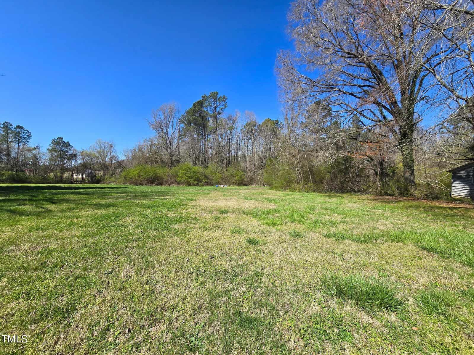 A grassy field with short grass and some patches of brown, bordered by trees with sparse leaves under a clear blue sky. A small part of a gray building is visible on the right side.