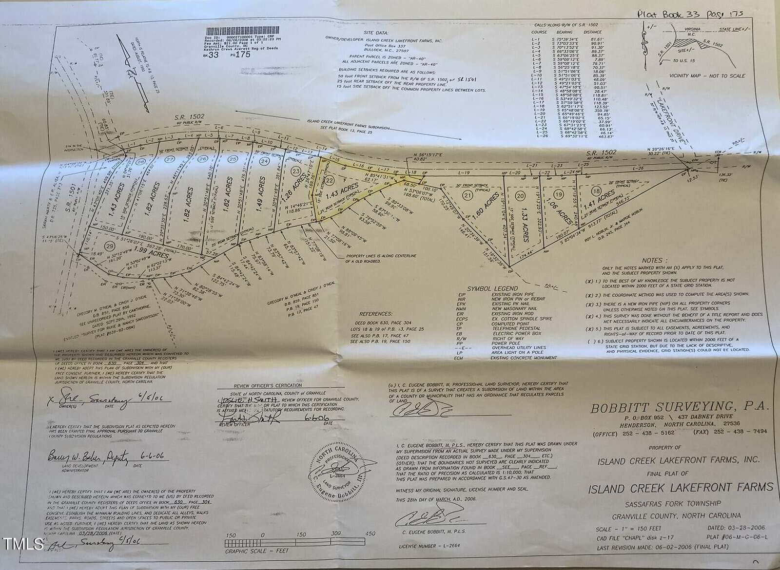 A land survey map detailing Island Creek Lakefront Farms. It features plots, dimensions, topographical lines, and surveyor signatures. Various plots are numbered, and surrounding roadways and geographical features are noted.