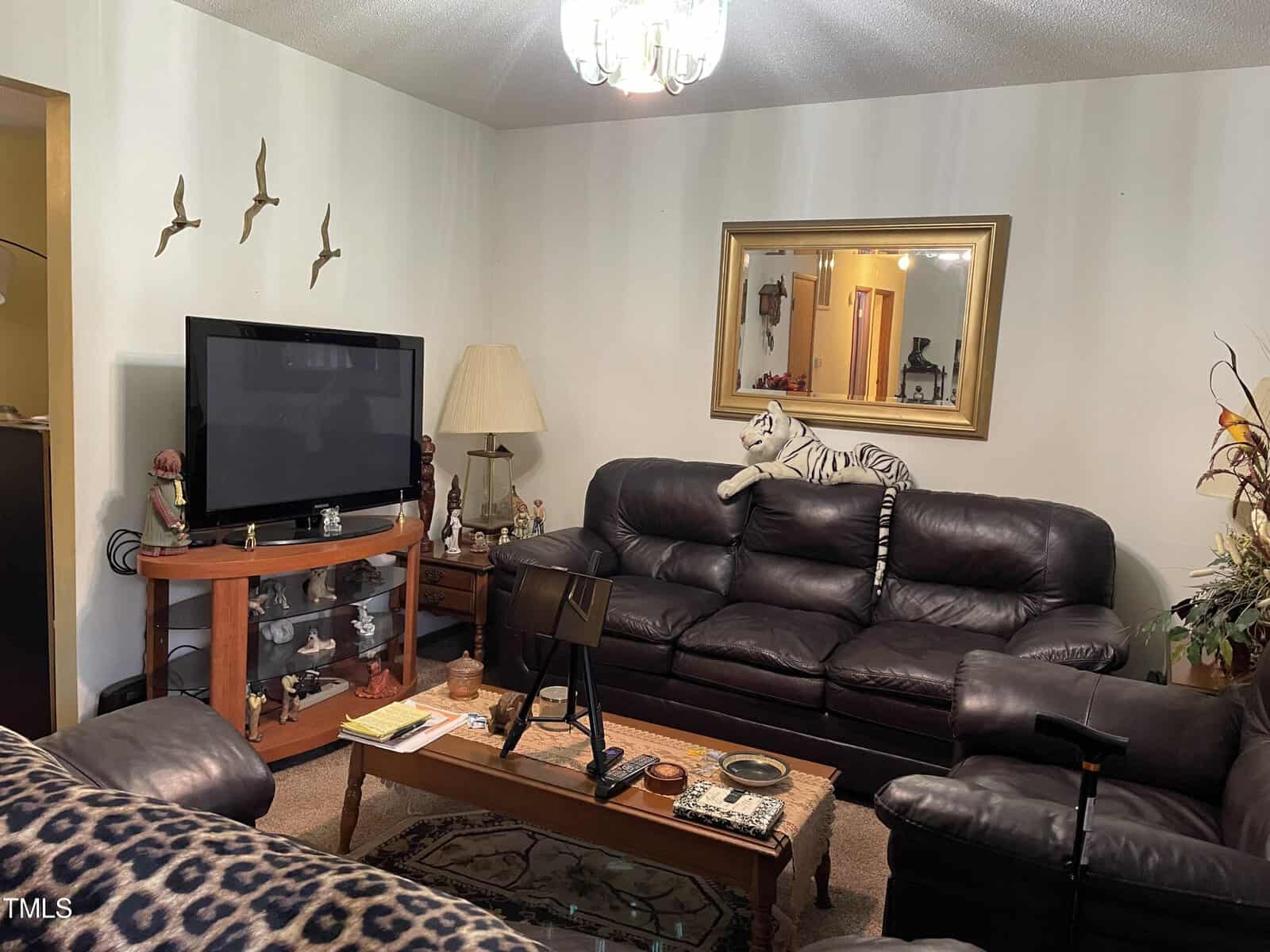 A cozy living room featuring a black leather couch set, a flat-screen tv, and decor that includes a large mirror, plants, figurines, and a zebra-striped pillow.