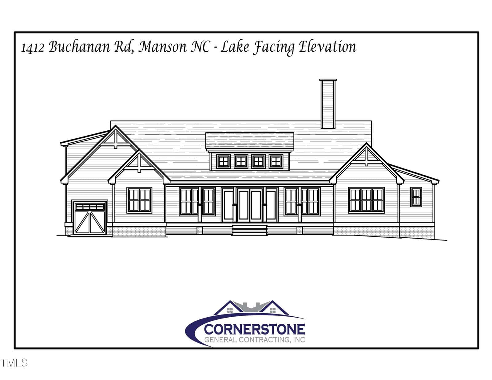 Architectural drawing of a house labeled "1412 Buchanan Rd, Manson NC - Lake Facing Elevation" by Cornerstone General Contracting, Inc. The house features a symmetrical design with a central entrance and gabled roof.