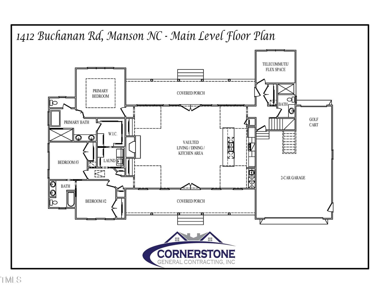 Floor plan illustration of 1412 Buchanan Rd, Manson NC, includes a garage, golf cart area, kitchen, dining, living area, covered porch, primary bedroom with bath, walk-in closet, additional bedrooms, and a computer/flex space. Logo: Cornerstone General Contracting.