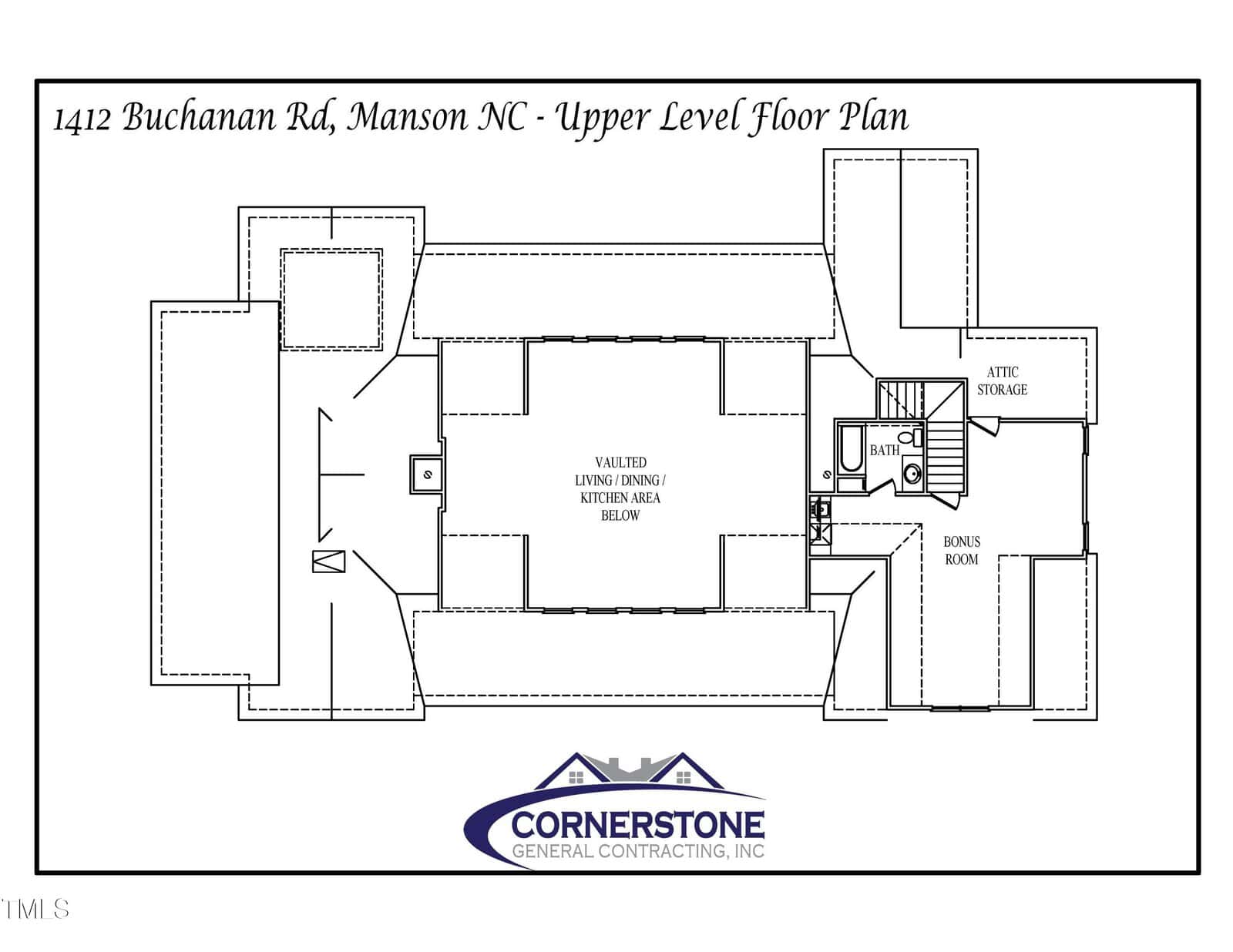 Floor plan of the upper level at 1412 Buchanan Rd, Manson, NC. Features a bonus room, attic storage, and a vaulted living/dining/kitchen area below. Includes a staircase, doors, and windows. Labeled with "Cornerstone General Contracting, Inc." logo.