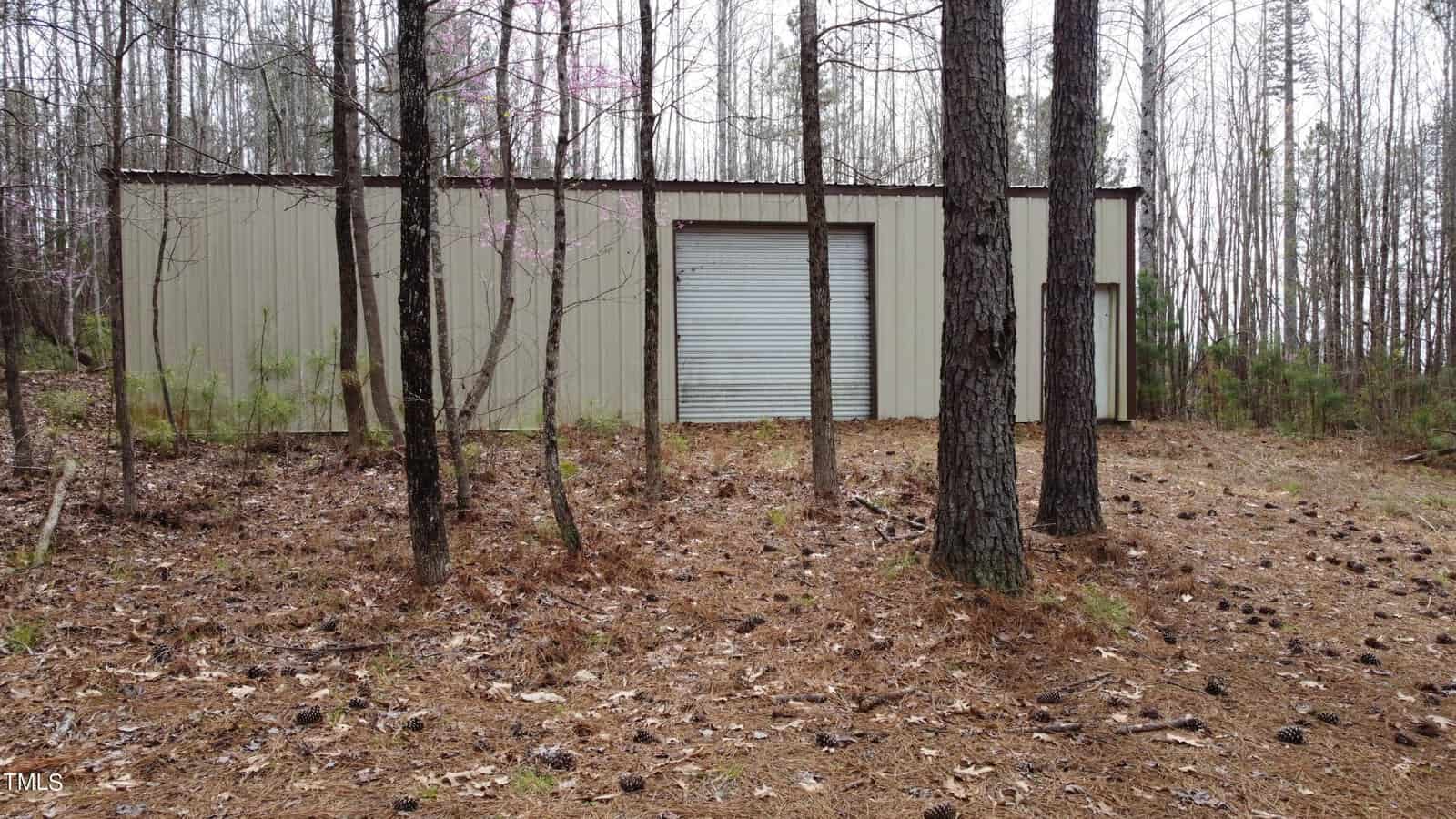 A beige metal structure with a large closed garage door is surrounded by tall, thin trees. The ground is covered with brown pine needles and scattered pine cones, creating a rustic, forested scene.