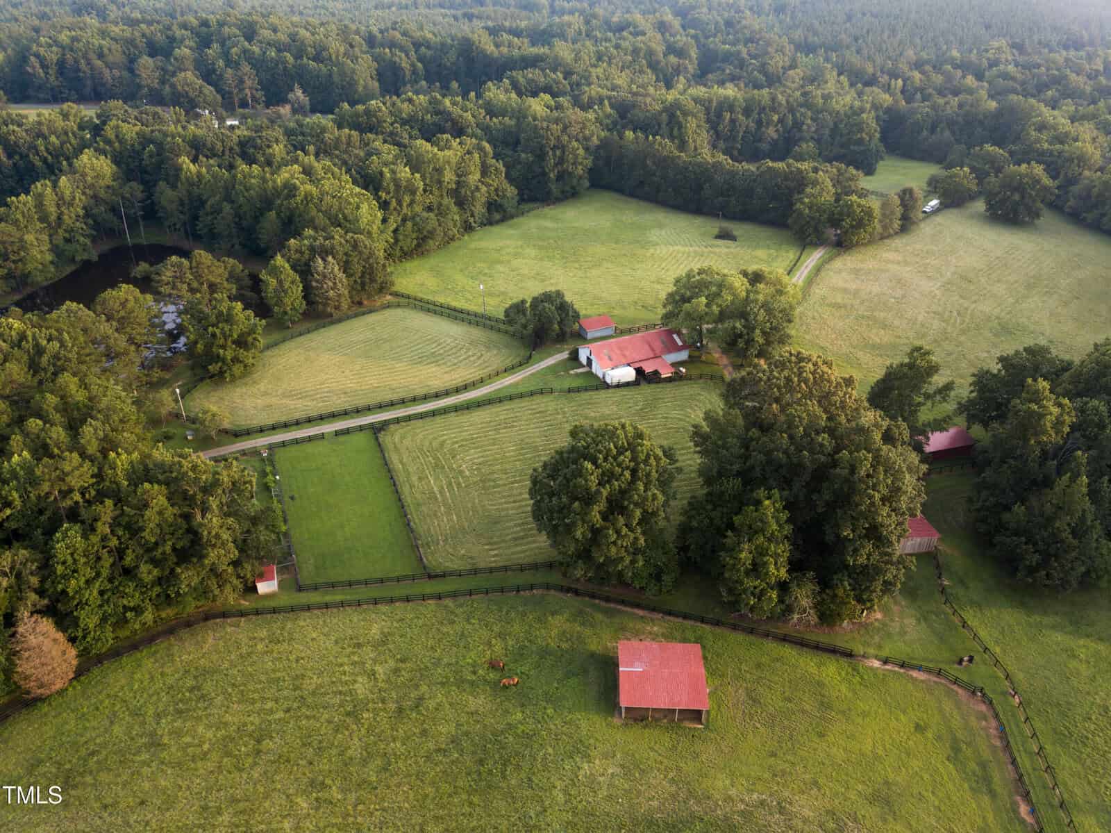 Aerial view of a countryside farm with a cluster of red-roofed buildings surrounded by lush green fields and dense trees. A winding dirt path leads to the farms, with a pond visible in the top left corner.