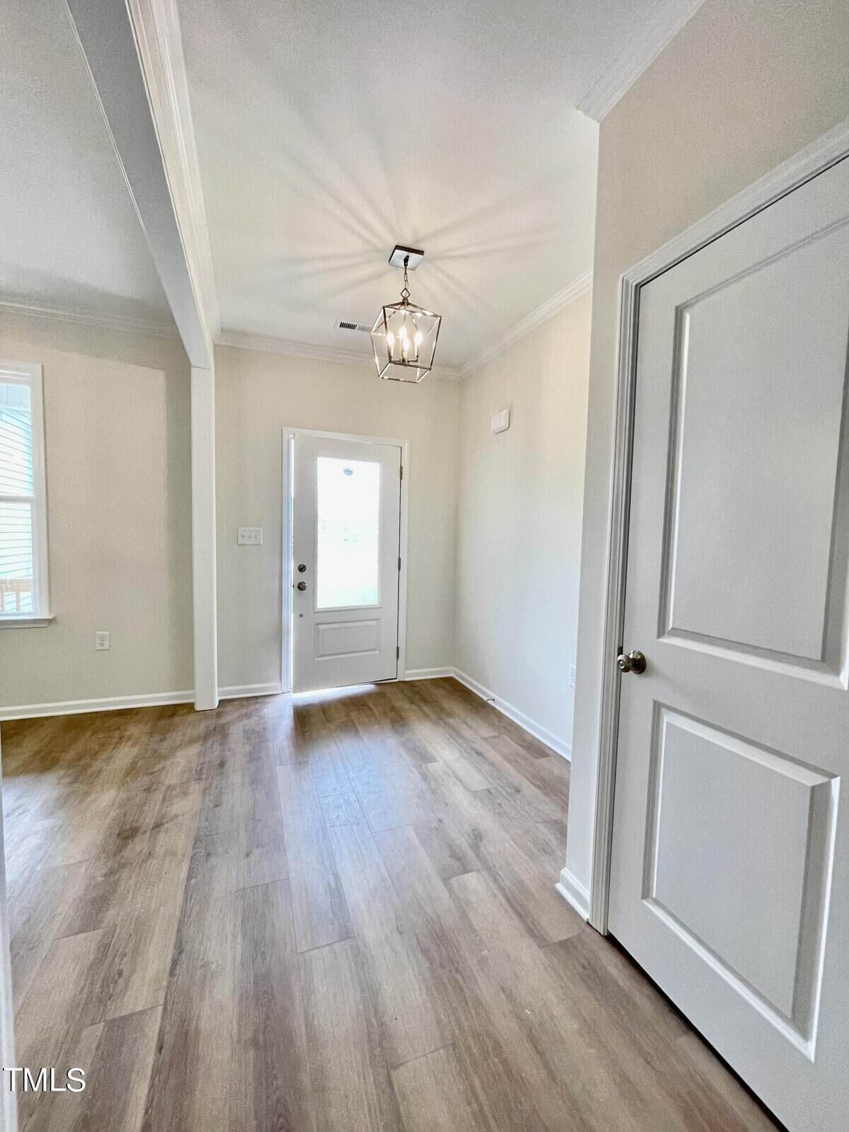 Bright entryway with light wood flooring, off-white walls, a white door with frosted window, and a modern glass pendant light fixture. A closed white door is on the right. Natural light fills the space.