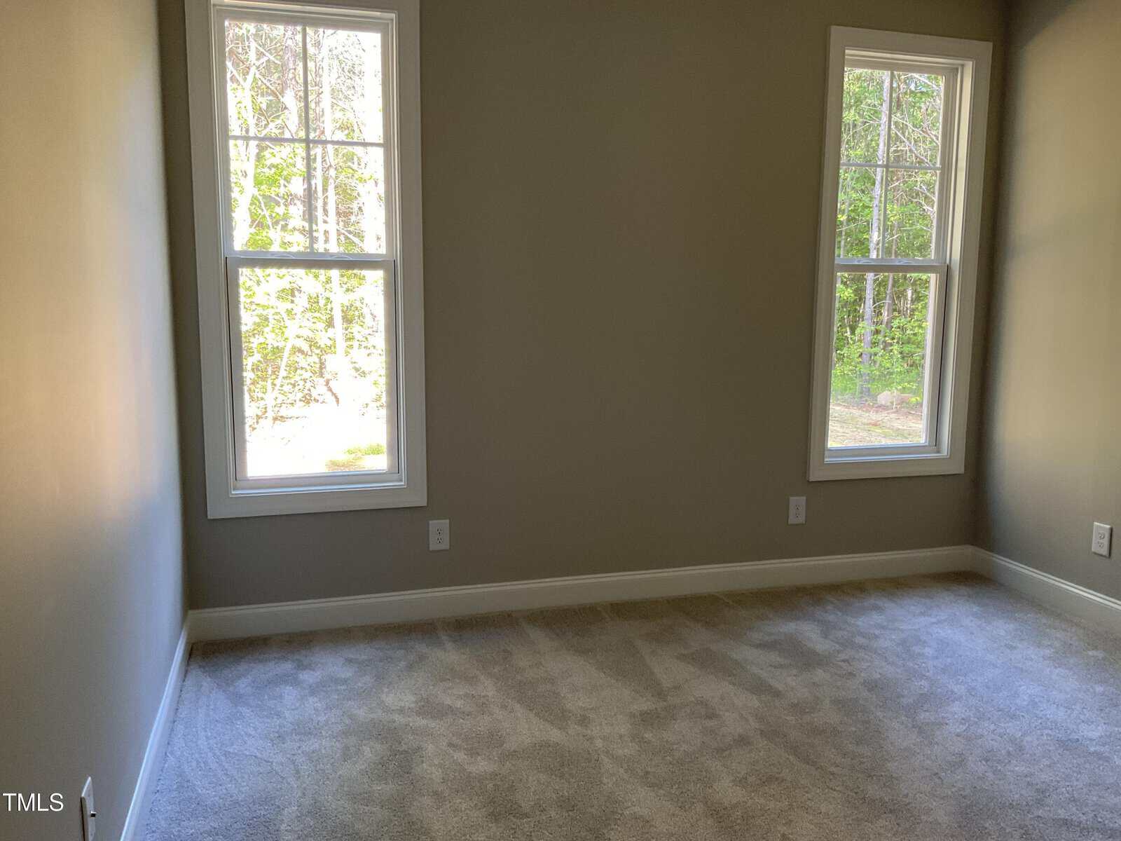 An empty room with light gray walls and carpeted floor, featuring two large windows on adjacent walls. The windows let in natural light and offer a view of greenery outside.