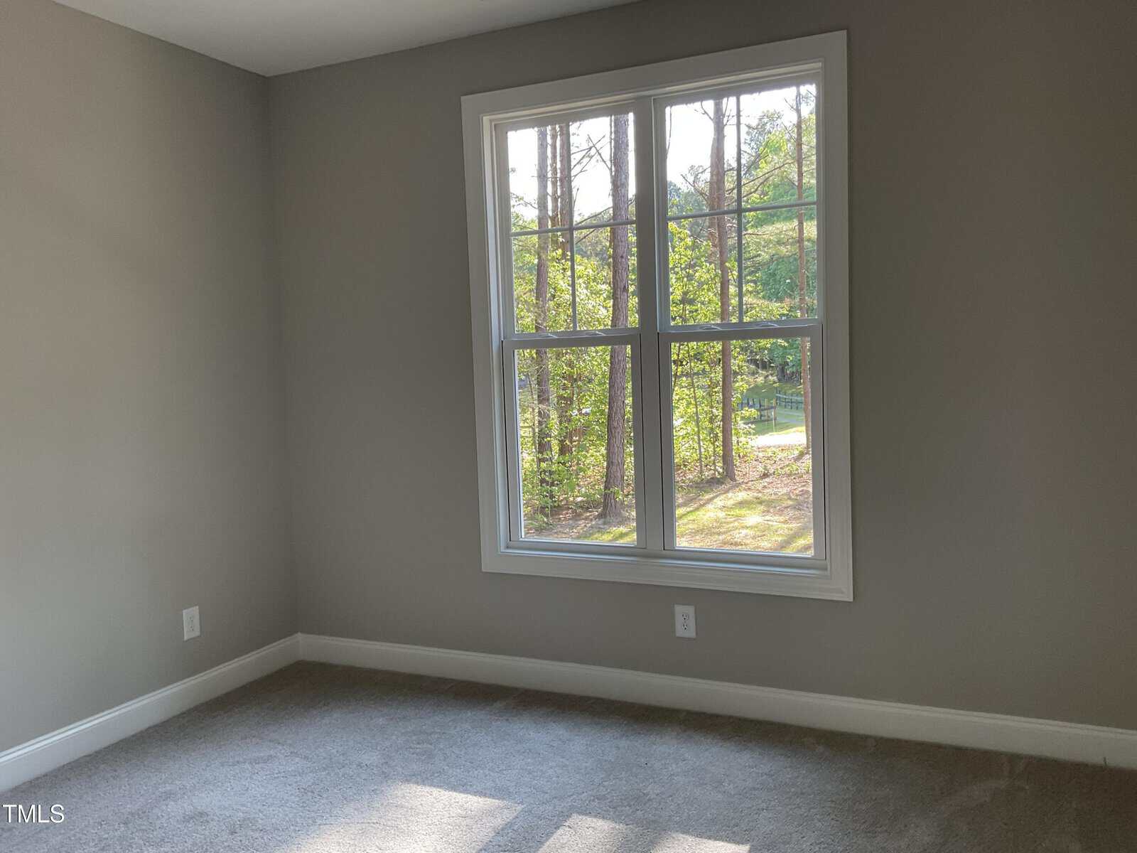 Bright room with light gray walls and carpet, featuring a large window overlooking green trees outside. Natural light illuminates the space.