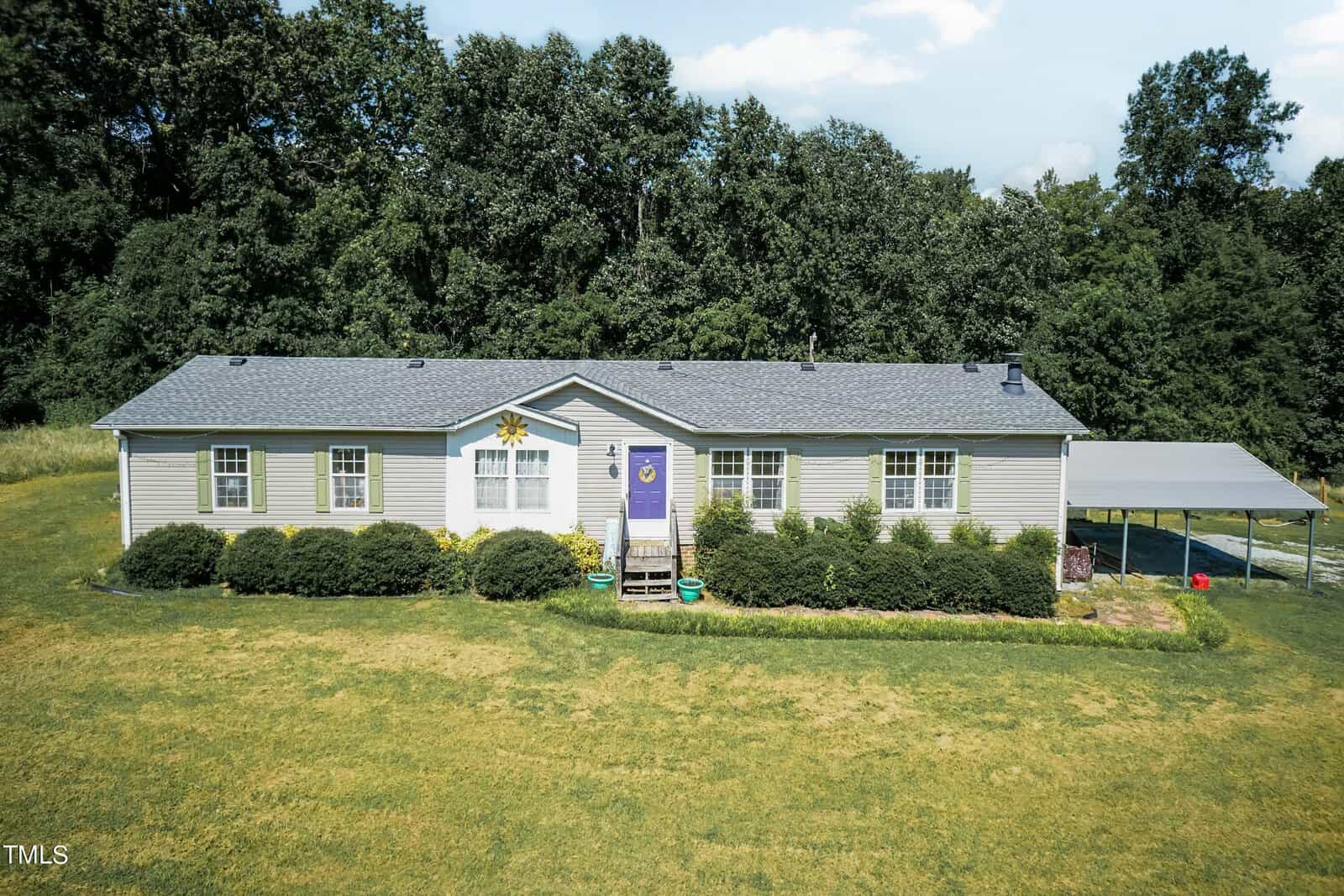 A single-story house with gray siding, white trim, and a blue door is surrounded by green shrubs. A sunflower decoration is on the front wall. There's a carport to the right, and a backdrop of dense trees under a partly cloudy sky.