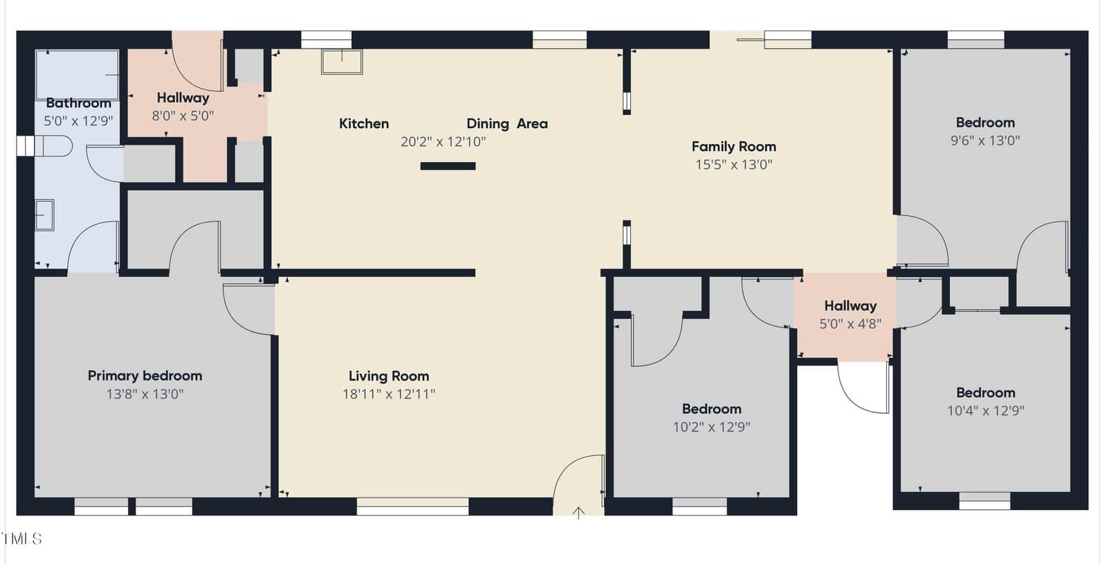 Floor plan of a house showing a kitchen, dining area, family room, living room, primary bedroom, two additional bedrooms, two bathrooms, and connecting hallways. Room dimensions are labeled.