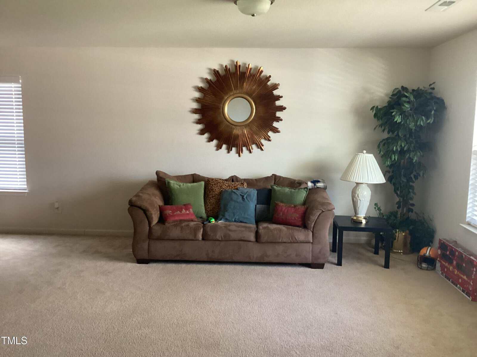 A living room featuring a brown sofa with colorful cushions, a sunburst mirror on the wall, a corner floor lamp, and a large plant beside the sofa.