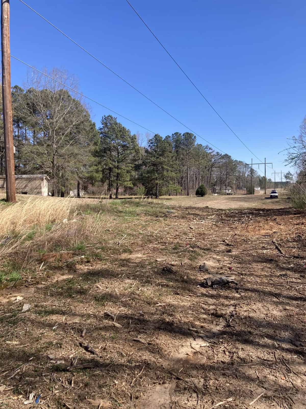 A cleared patch of land beside a road, featuring scattered debris, with a background of tall pine trees under a clear blue sky. a lone car is visible in the distance on the road.