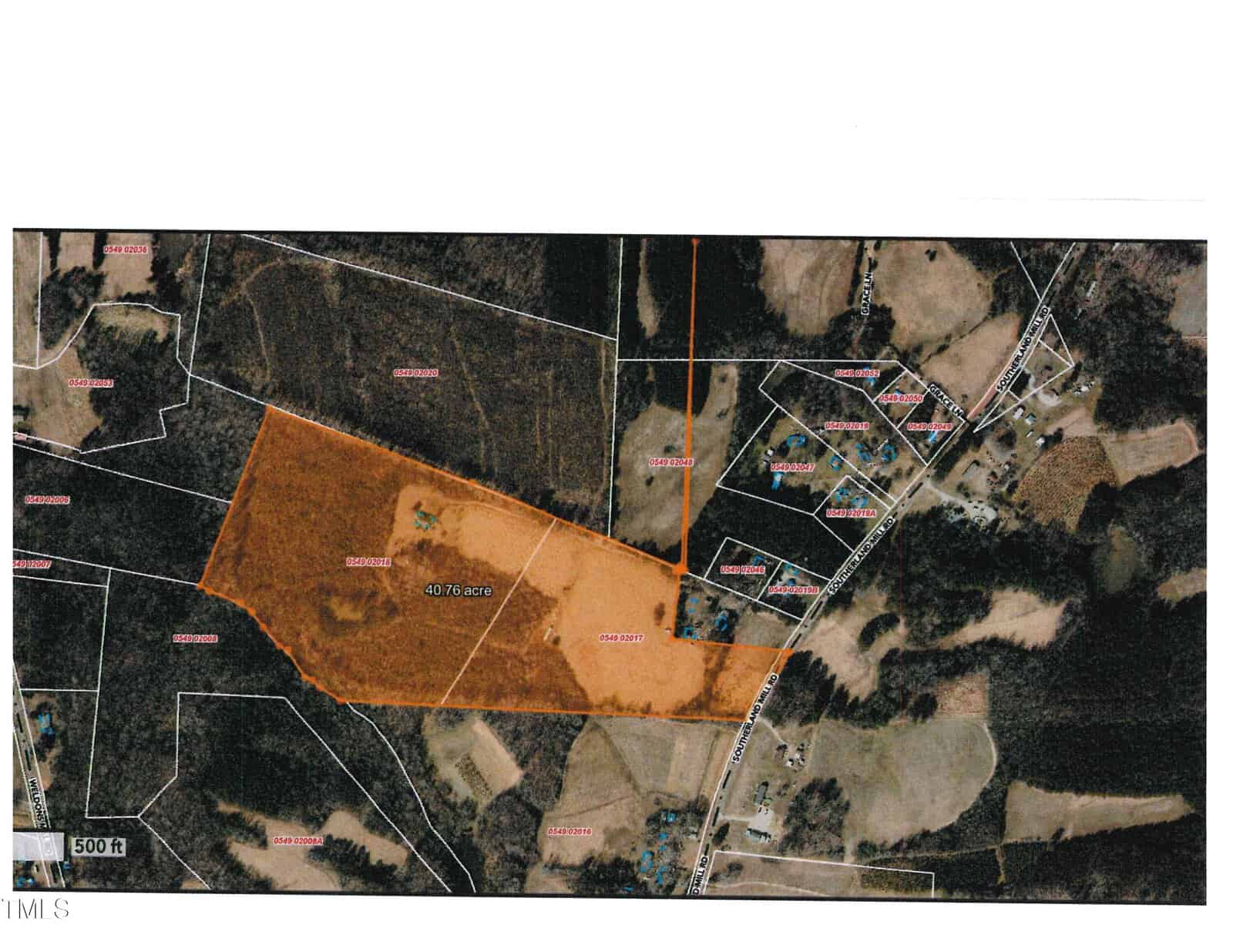 Aerial map image of 3258 Southerland Mill Road, Henderson NC, showing a highlighted orange rectangular plot marked as 401.70 acres, surrounded by a mix of other marked parcels and
