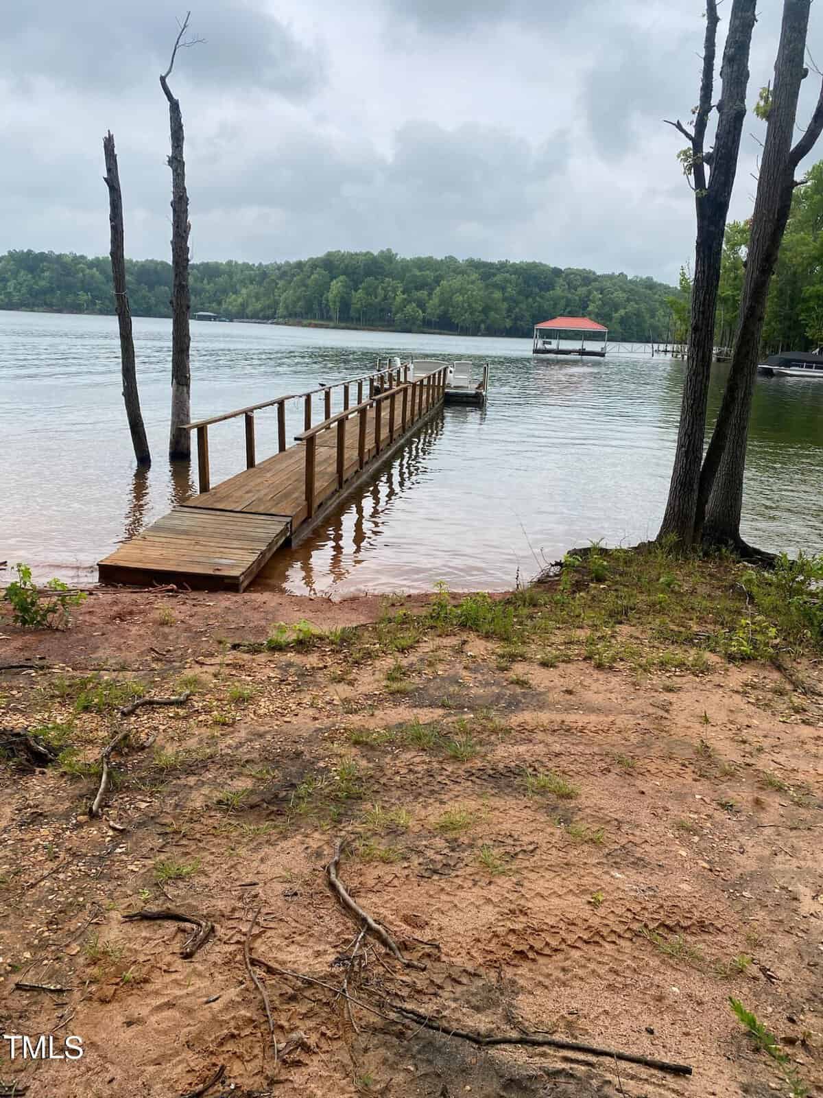 A wooden dock extends into a lake with murky water under a cloudy sky. bare trees and lush greenery surround the area, with a boat shelter visible in the distance.