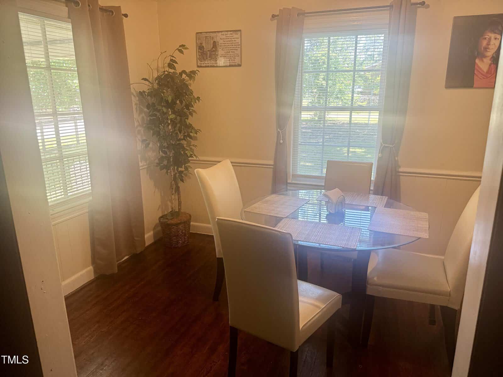 A dining room with sunlight streaming through two windows onto a white table with four chairs, a plant in the corner, and a picture on the wall.