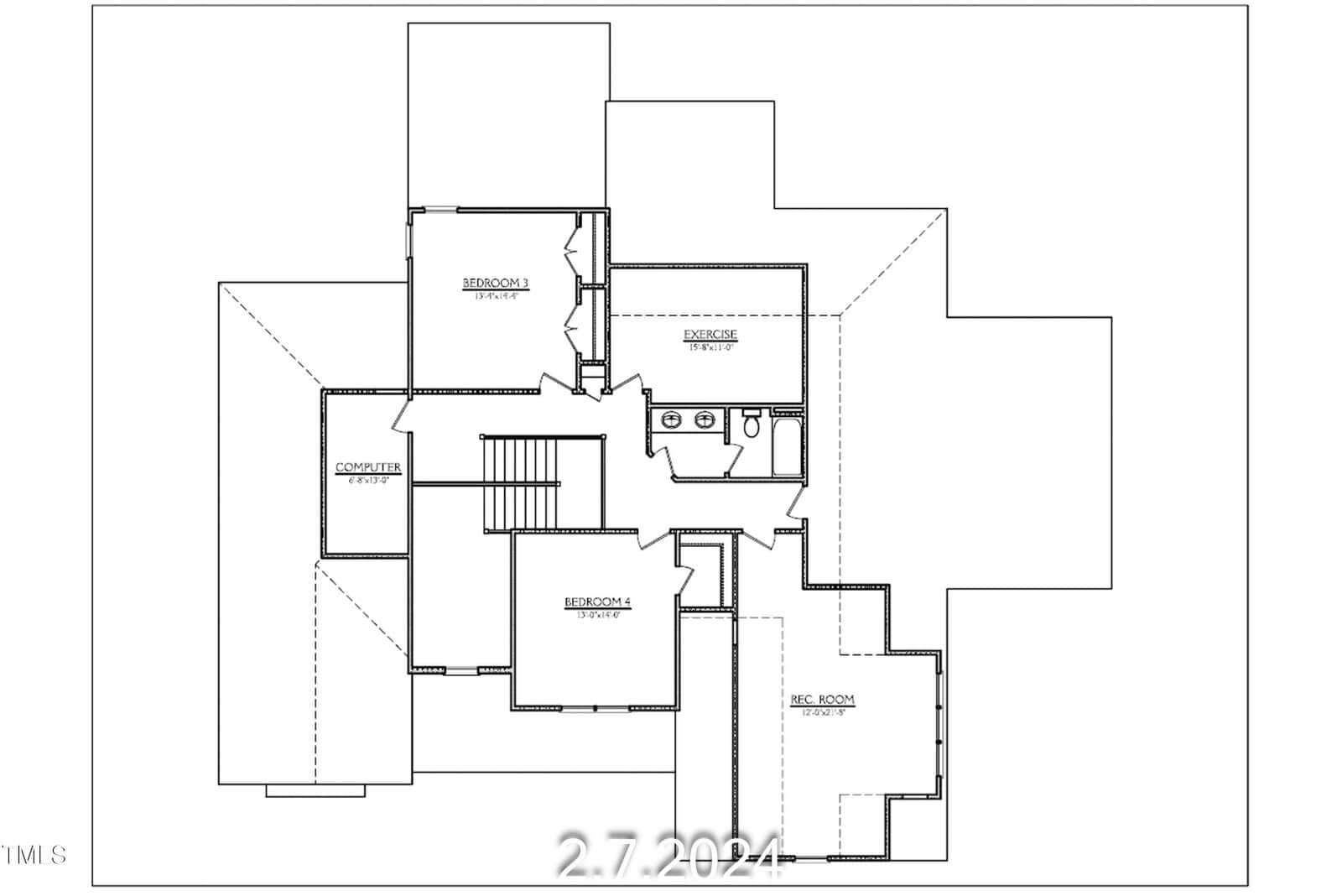 Blueprint of a building's layout with labeled rooms: bedroom 1, bedroom 2, exercise room, computer room, rec room, and a bathroom. The design includes corridors and connecting spaces.