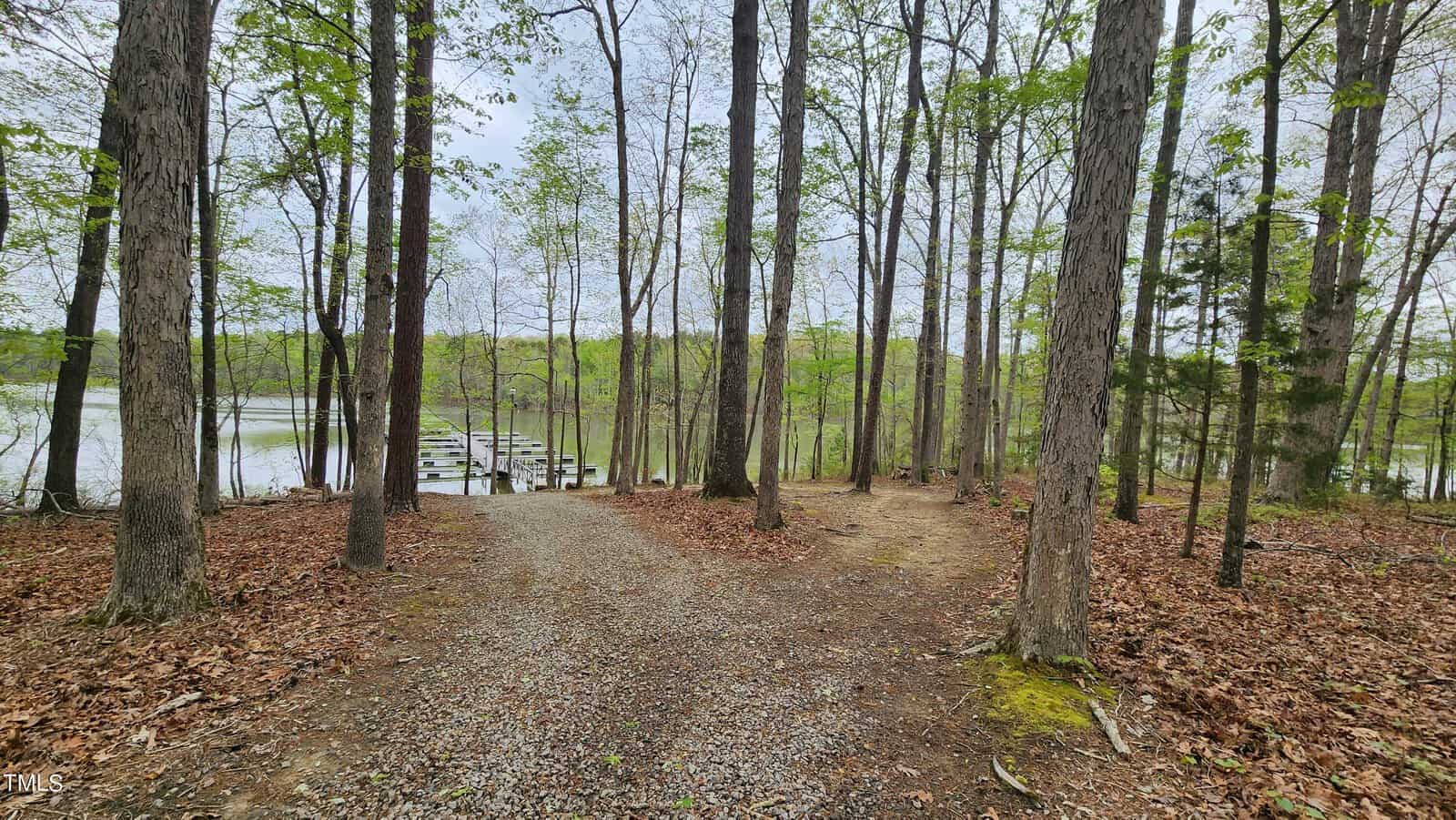 A gravel path leading to a wooden dock on a serene lake, surrounded by dense woodland with tall trees and scattered leaves on the ground.