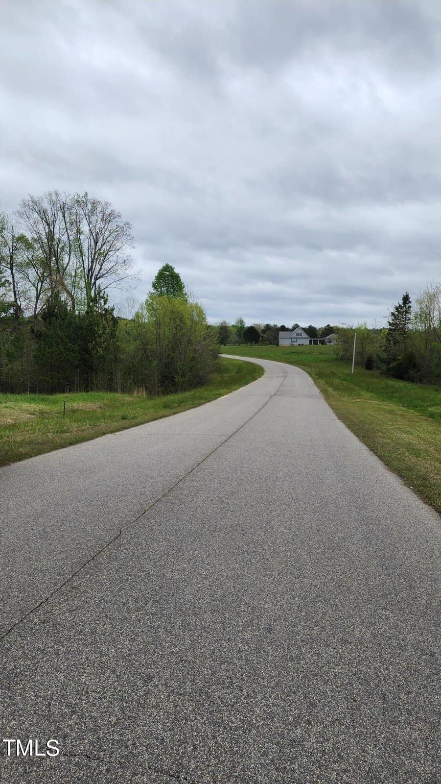 A long, empty road stretches into the distance, lined with green grass under a cloudy sky, leading towards a distant white house.