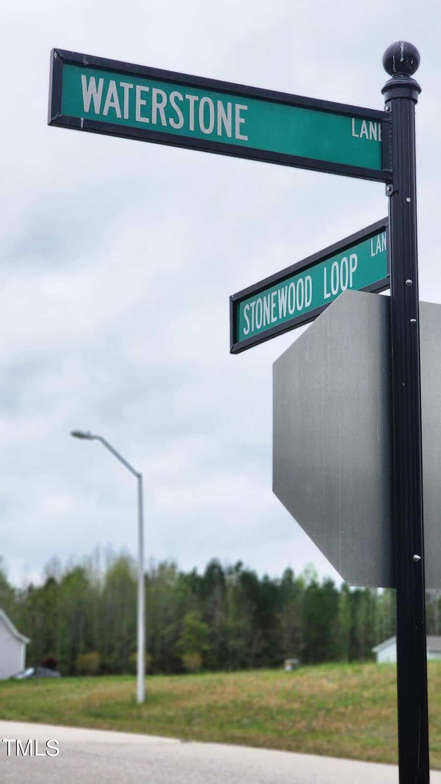 Street signs reading "waterstone lane" and "stonewood loop" mounted on a black pole, with a blurry residential area in the background and an overcast sky.
