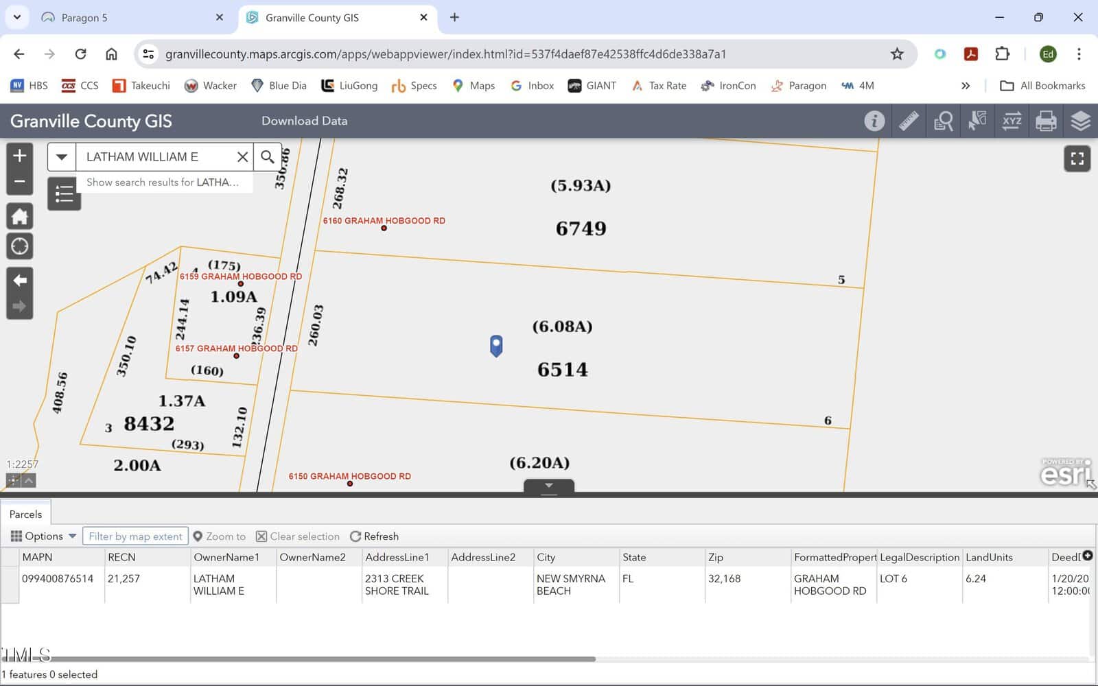 A screenshot of the Granville County GIS map displays property lines and parcel numbers in Oxford. Highlighted parcel 6514 is centered, surrounded by parcels labeled 6749 and 7342. A side panel details the current owner's name and property address at 6156 Graham Hobgood Road.