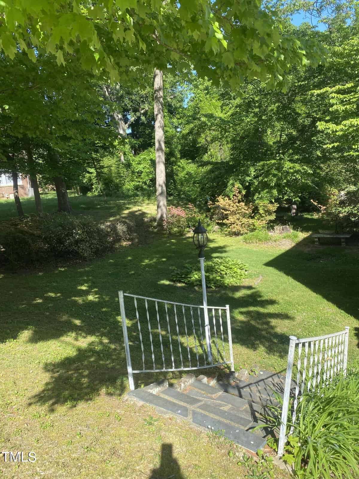 A lush, green garden with a tall tree in the background, sunlight dappling through leaves. a small, open gate leads to a gray stone path flanked by grass and foliage.
