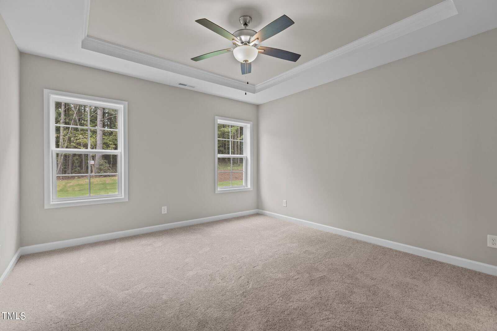 Empty bedroom with beige carpet, light gray walls, two windows, a tray ceiling, and a ceiling fan with lights. Green trees are visible outside through the windows.