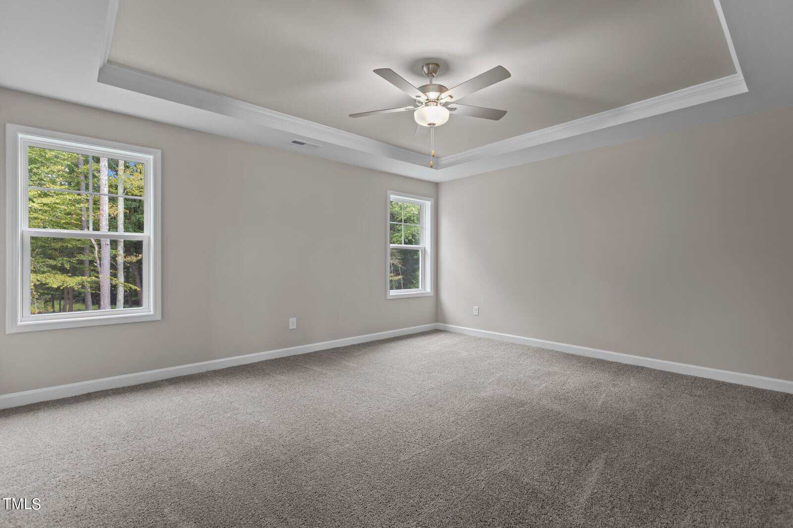 Empty bedroom with light gray carpet, beige walls, two windows showing green trees outside, and a ceiling fan with a light fixture below a tray ceiling.