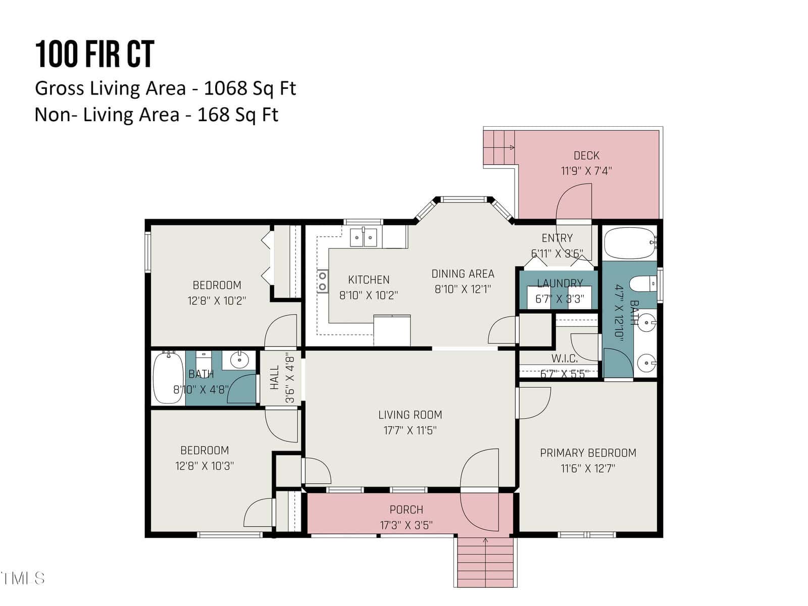 Floor plan for 100 Fir Ct, showcasing 1068 sq ft of gross living area and 168 sq ft of non-living area. Includes three bedrooms, two bathrooms, kitchen, dining area, living room, porch, deck, and laundry room layout.