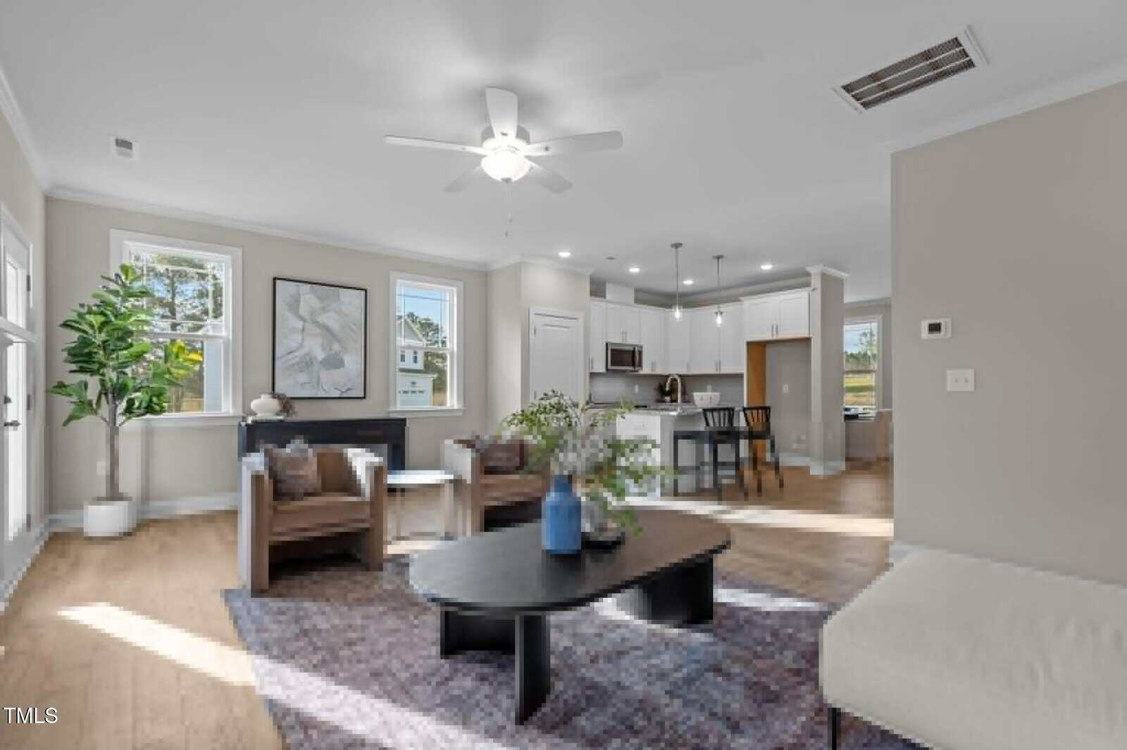 Bright living room with two chairs, a couch, coffee table, rug, large plant, and open layout connecting to a modern kitchen with barstools. Natural light streams through multiple windows.