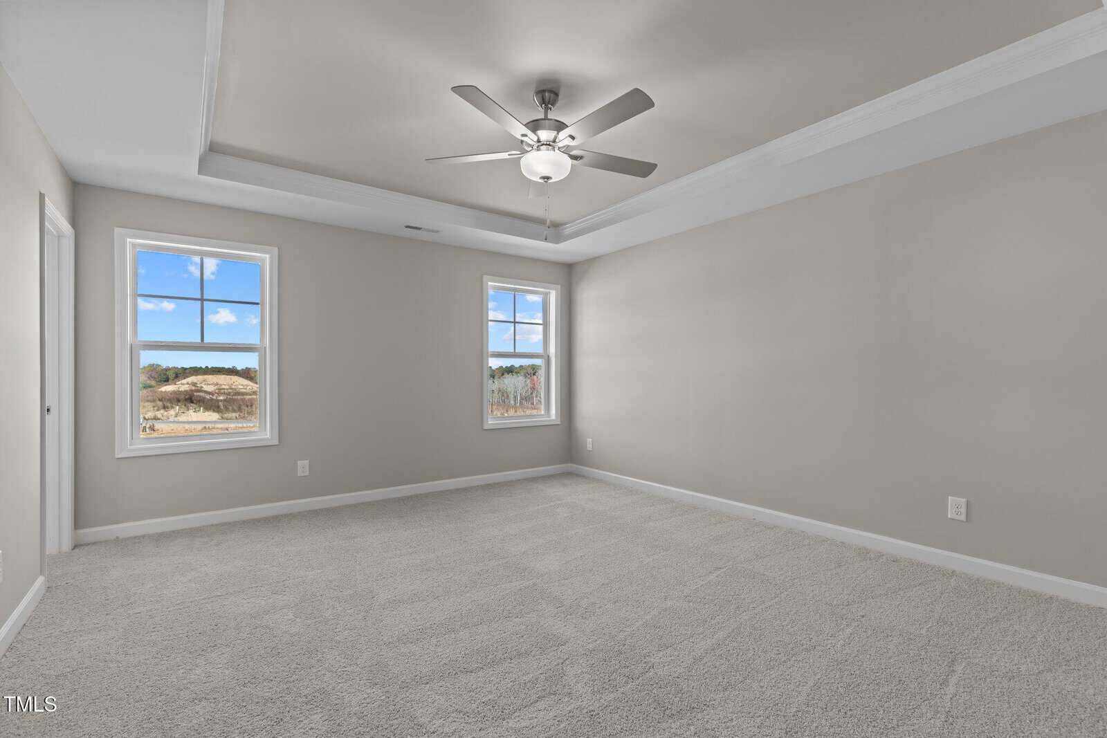 Empty bedroom with beige walls, light carpet, two windows showing an outdoor view, a ceiling fan with a light, and a tray ceiling.
