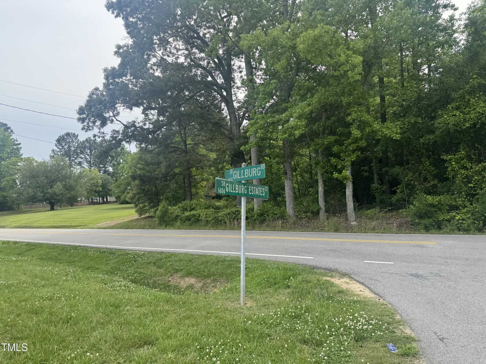 A street sign stands at the intersection of a curved road surrounded by tall green trees. The sign reads "Gallburg" and "3G Gallion's Retreat" on 000 Gillburg Road Road, with an arrow pointing to the right. The sky is partly overcast near Henderson, NC.