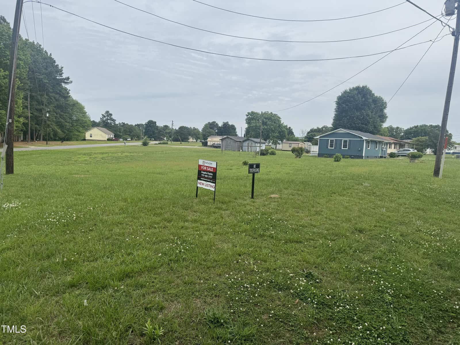A grassy vacant lot with a "For Sale" sign and another smaller sign in front of it. In the background, there are a few small houses, trees, and utility poles. The sky is overcast with light clouds.