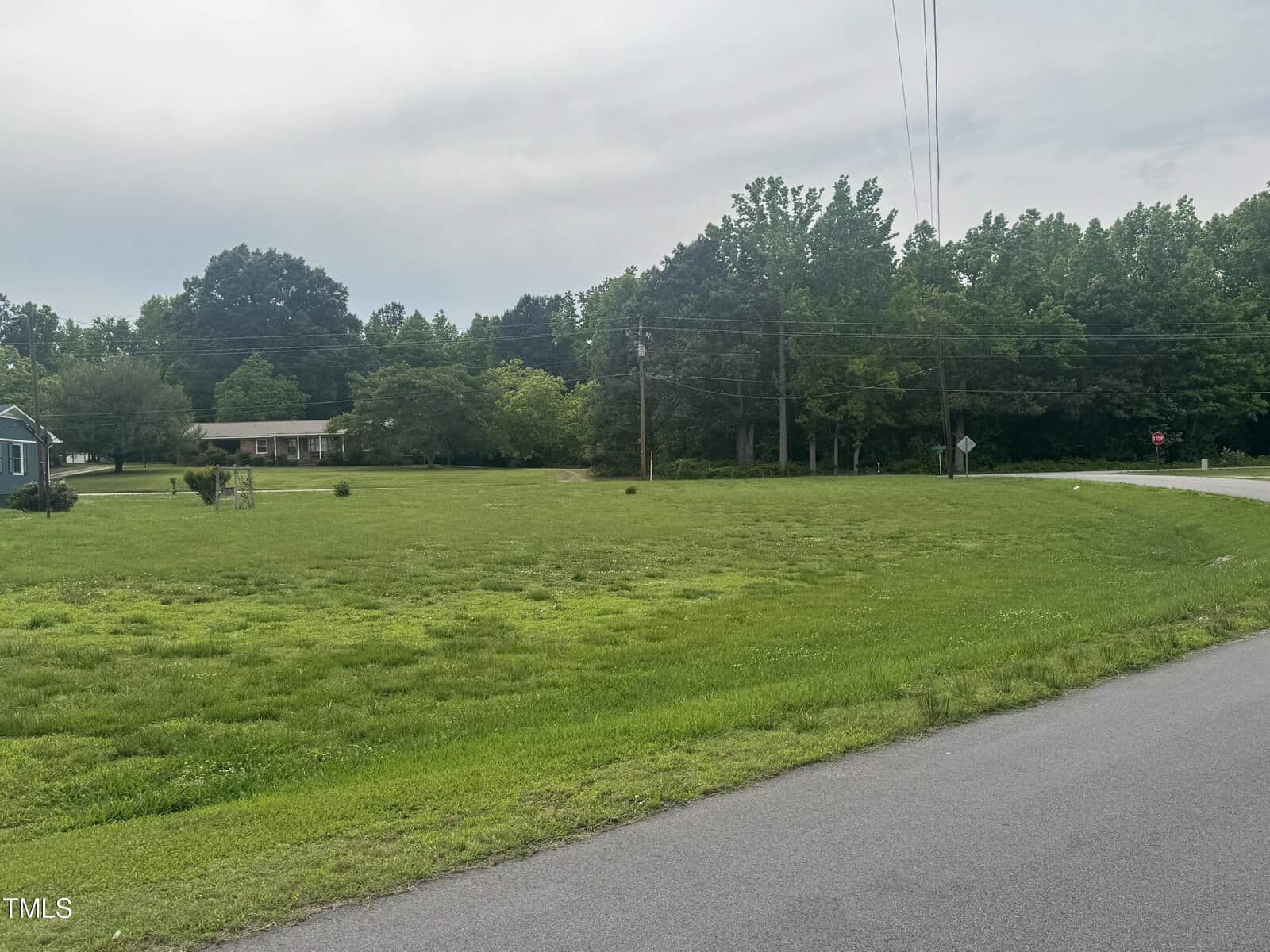 A peaceful suburban scene with a large grassy lawn at the corner of a quiet street. Trees and a small house are in the background under a cloudy sky. Power lines and a stop sign are also visible.