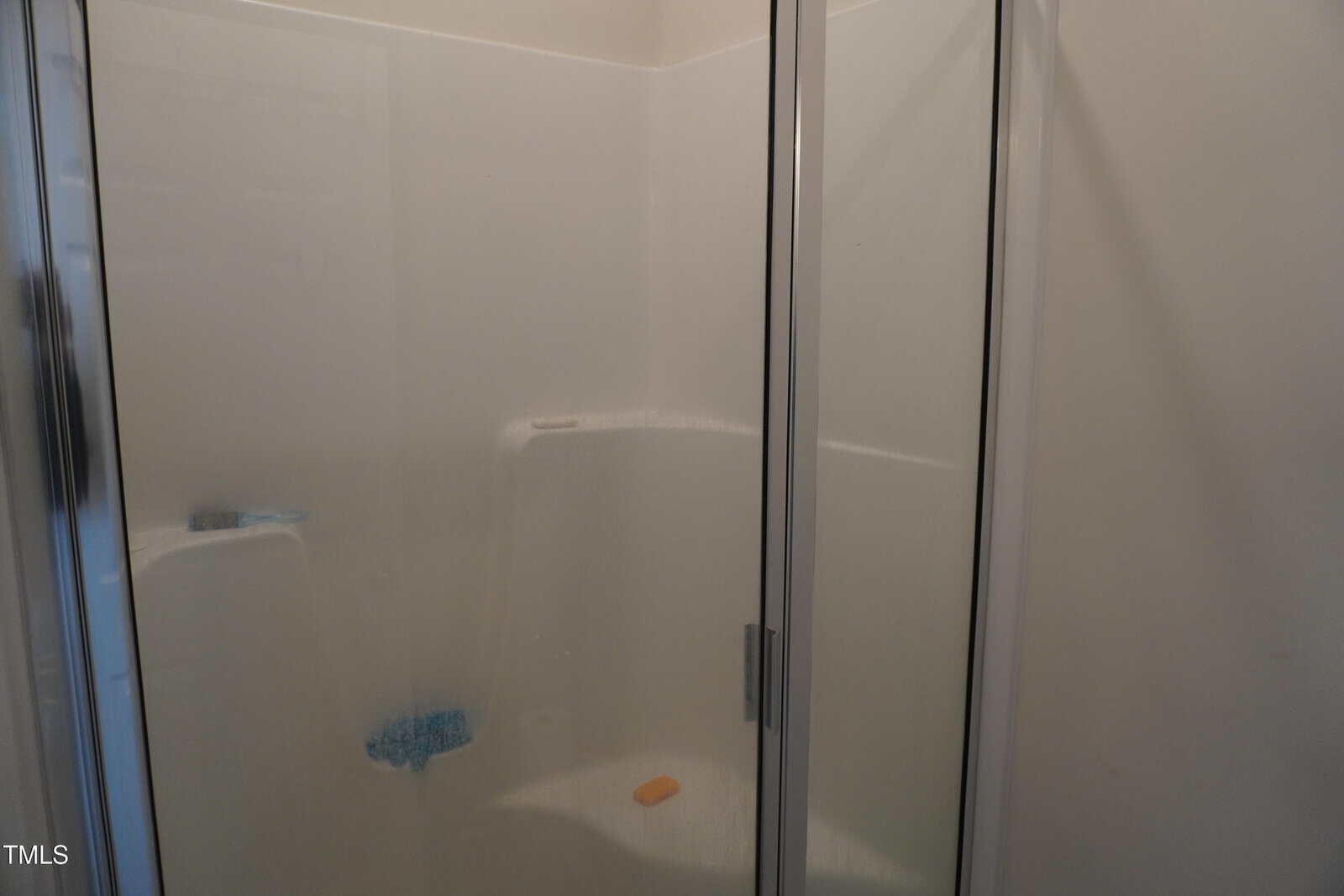 Shower stall with frosted glass doors, white walls, a blue sponge on a ledge, and an orange bar of soap on the floor.
