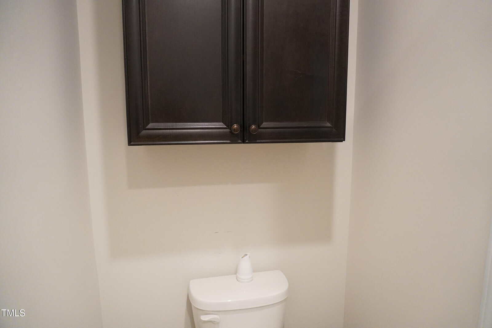 Dark wooden cabinet above a white toilet tank with a soap or sanitizer dispenser on top, against a plain light-colored wall.