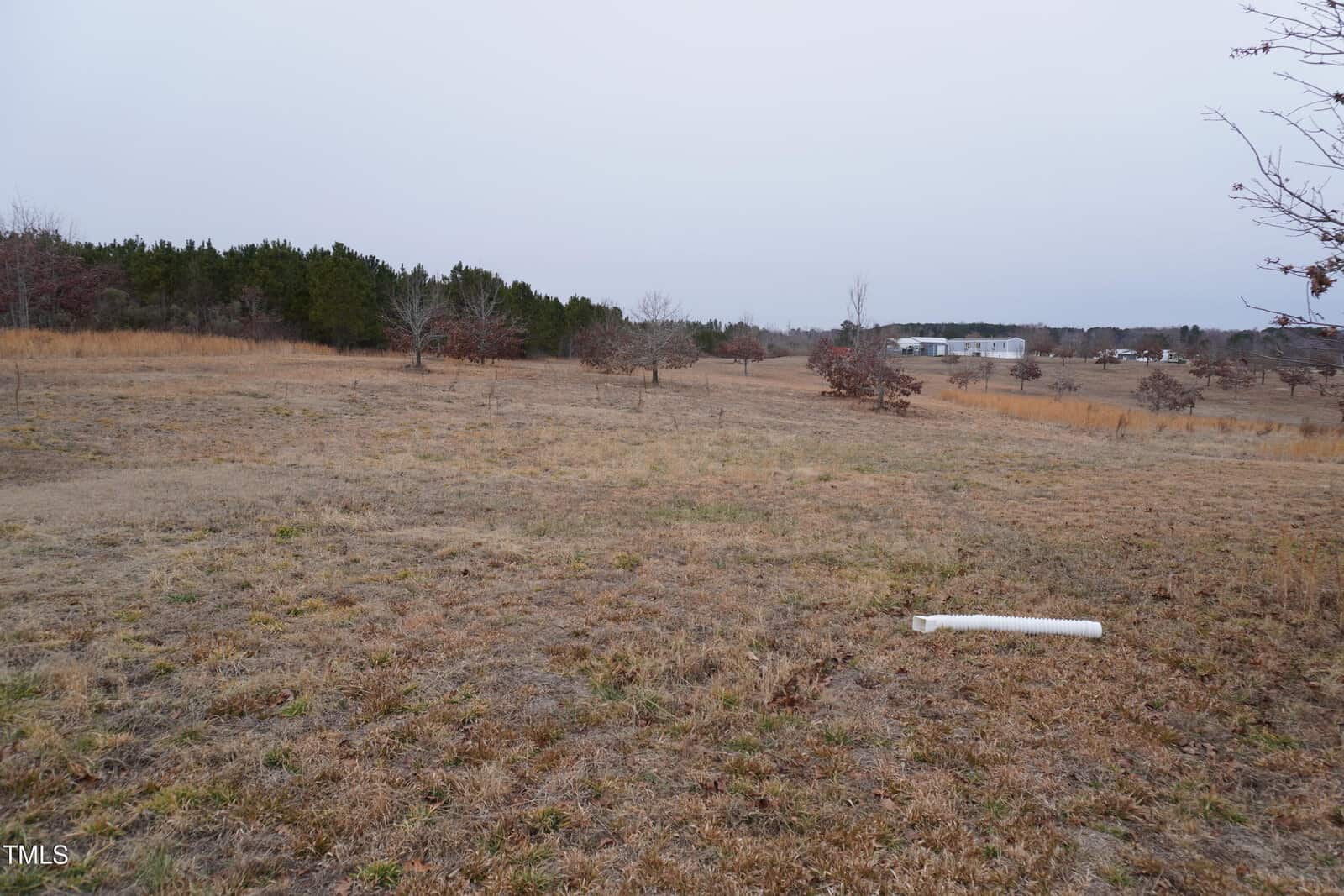 A grassy field with sparse trees under an overcast sky. In the foreground, there is a white pipe lying on the ground. A line of trees and a building are visible in the background.
