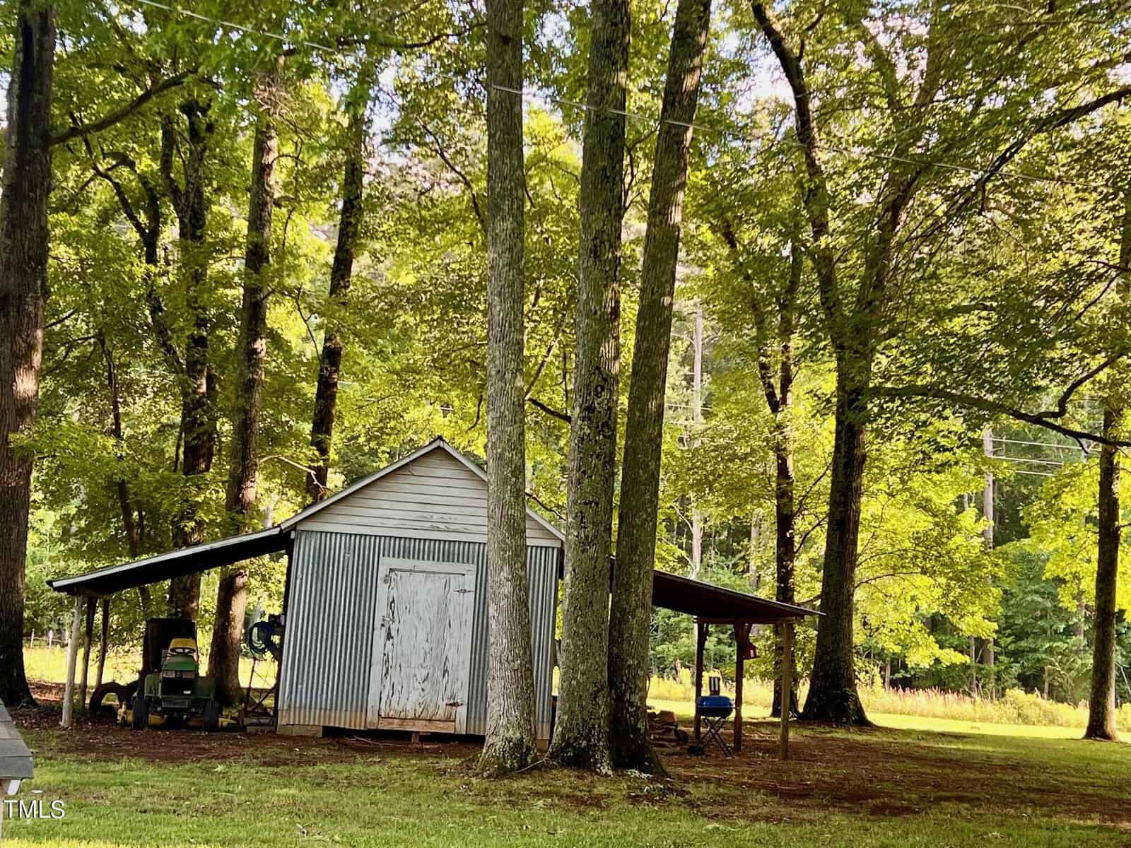A small, rustic shed with a corrugated metal roof is nestled among tall trees in a lush, green forest. Sunlight filters through the leaves, casting dappled shadows on the ground. A few tools can be seen nearby.