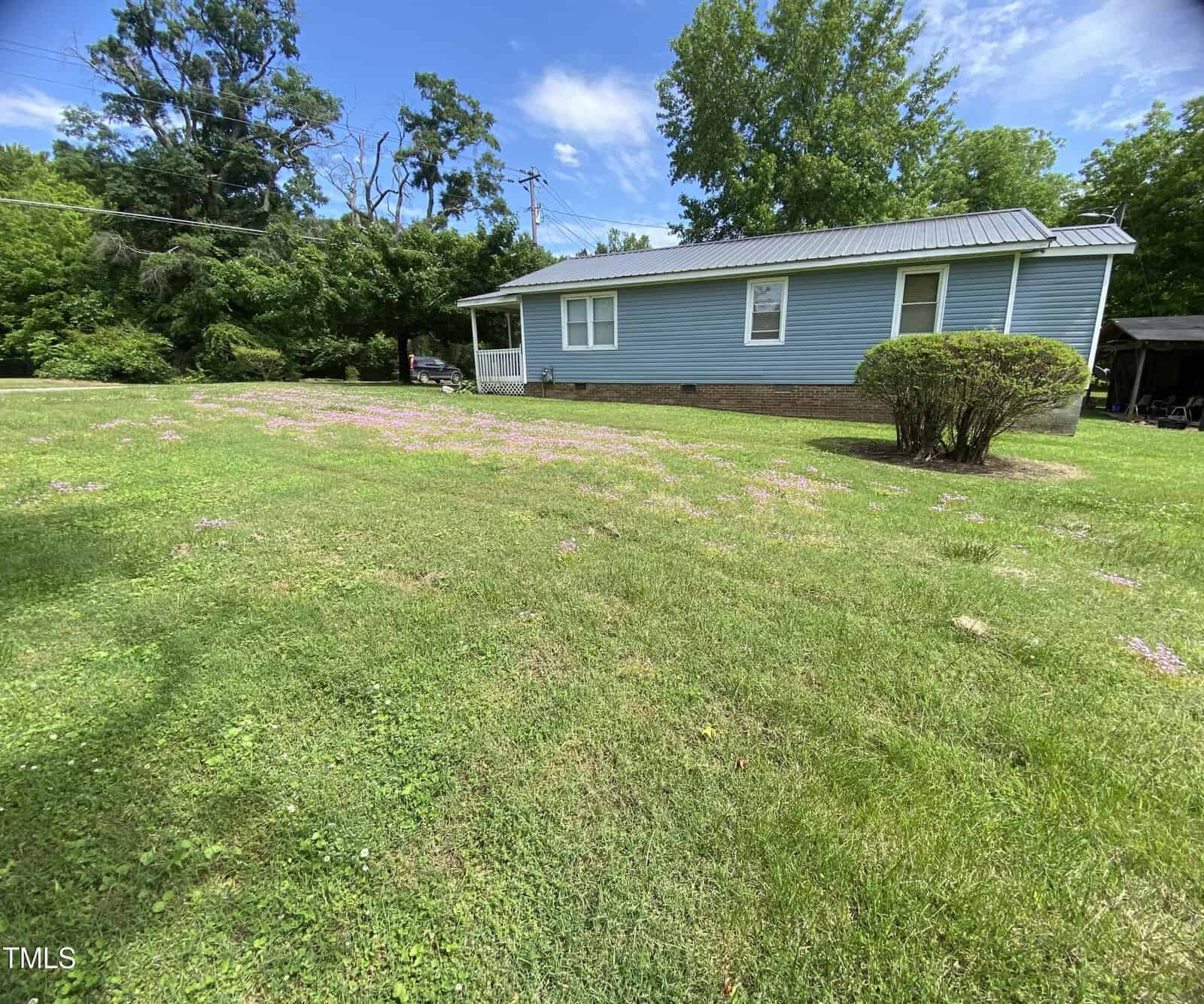 A light blue house with a metal roof sits on a large grassy yard dotted with small pink flowers. The porch is white, and there are trees and bushes surrounding the property. The sky is clear and sunny.
