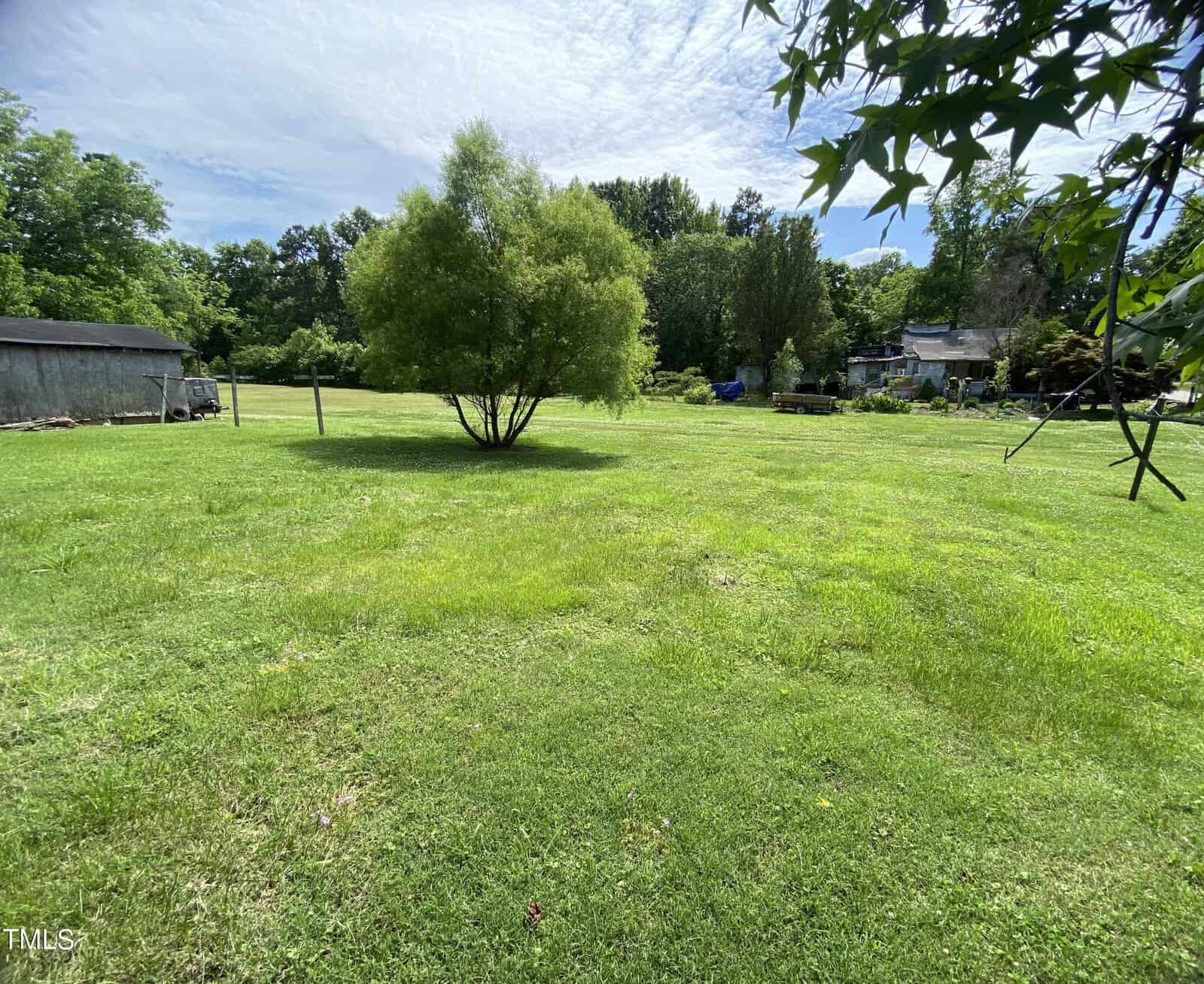 A large, grassy field with a single tree in the center. There are several trees and a couple of small buildings in the background under a partly cloudy sky.