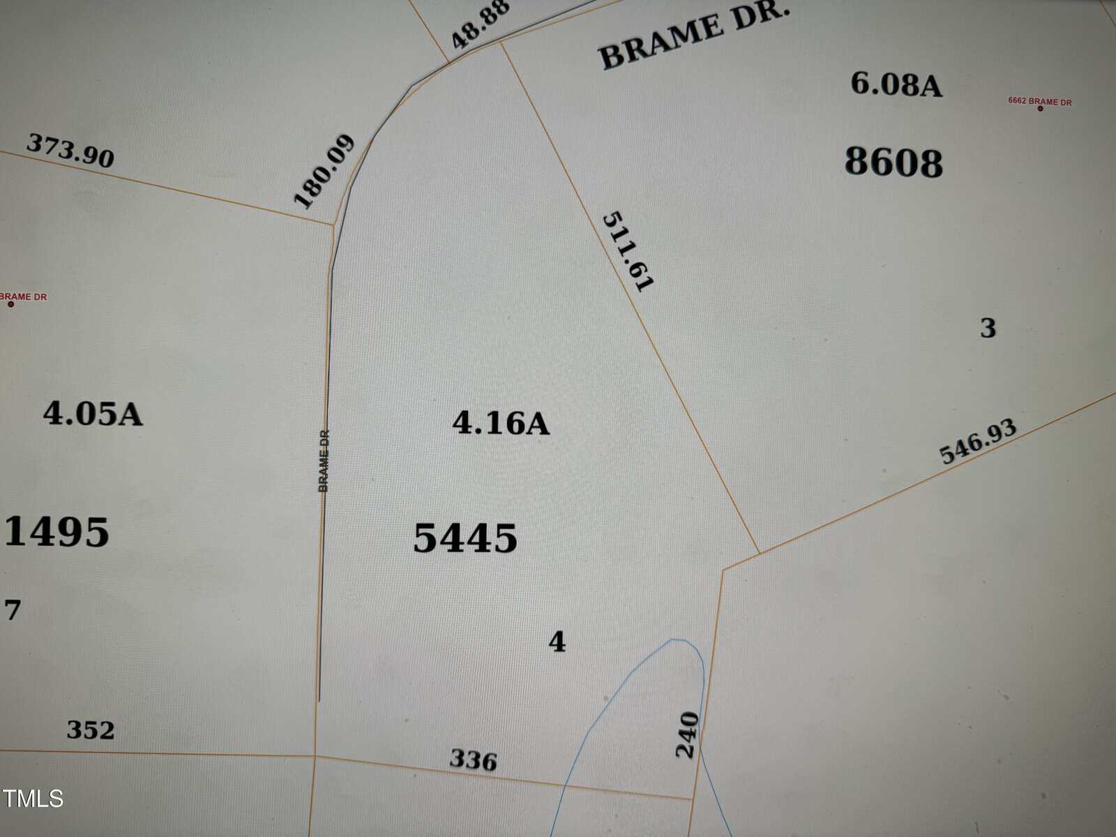 A section of a map showing property lines and plot numbers. The main plot is labeled "5445" and is 4.16 acres. Surrounding areas are labeled with different acre sizes and numbers, including "8608" and "180.09". Streets mentioned include Brame Dr.